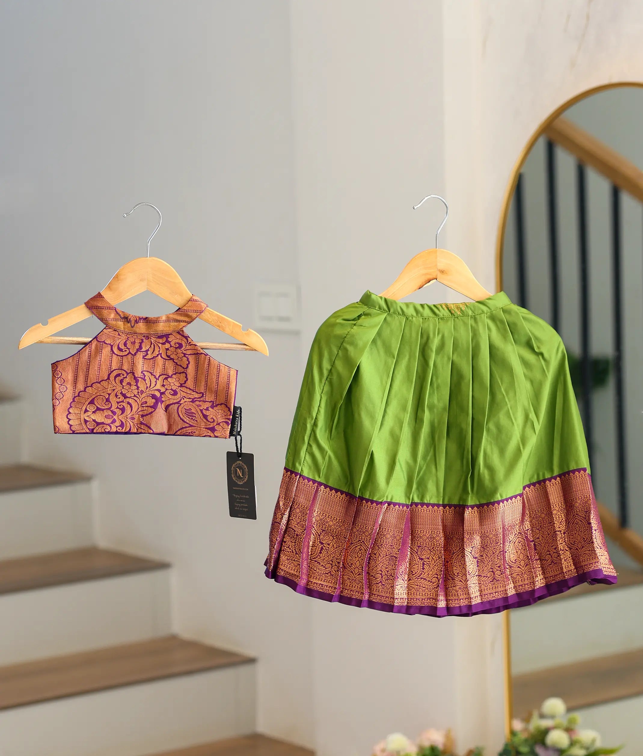 Olive Green and Wine Kanchipuram Silk Skirt and Top for Baby Girl [6421A]