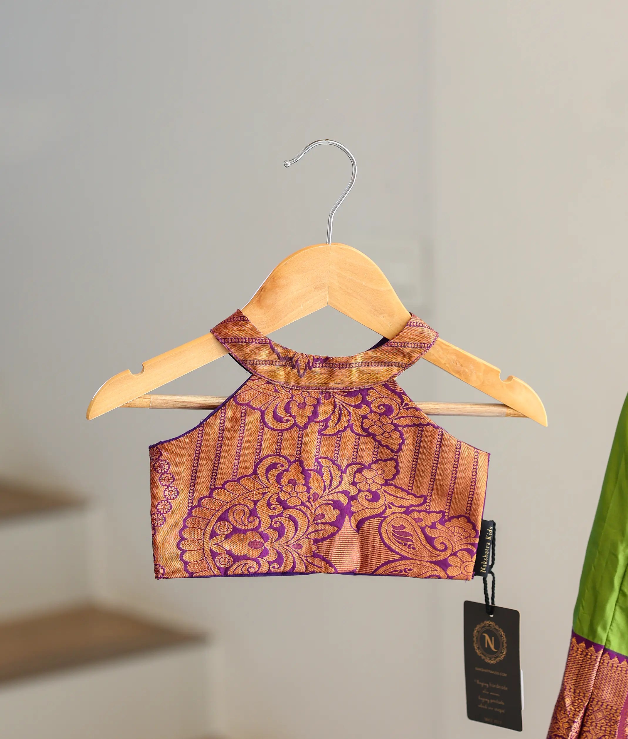Olive Green and Wine Kanchipuram Silk Skirt and Top for Baby Girl [6421A]