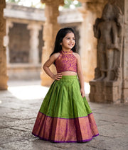 Olive Green and Wine Kanchipuram Silk Skirt and Top for Baby Girl [6421A]