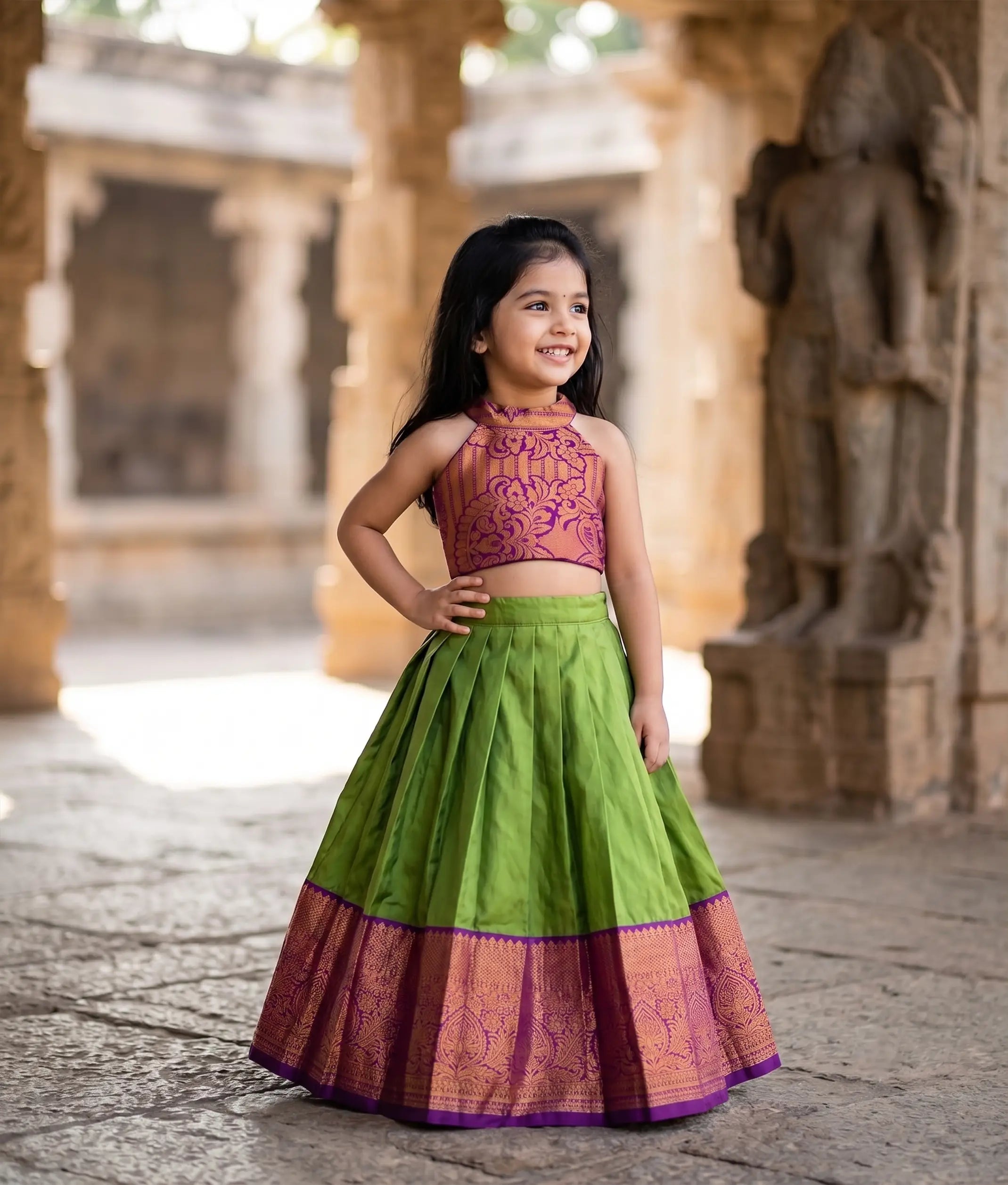 Olive Green and Wine Kanchipuram Silk Skirt and Top for Baby Girl [6421A]