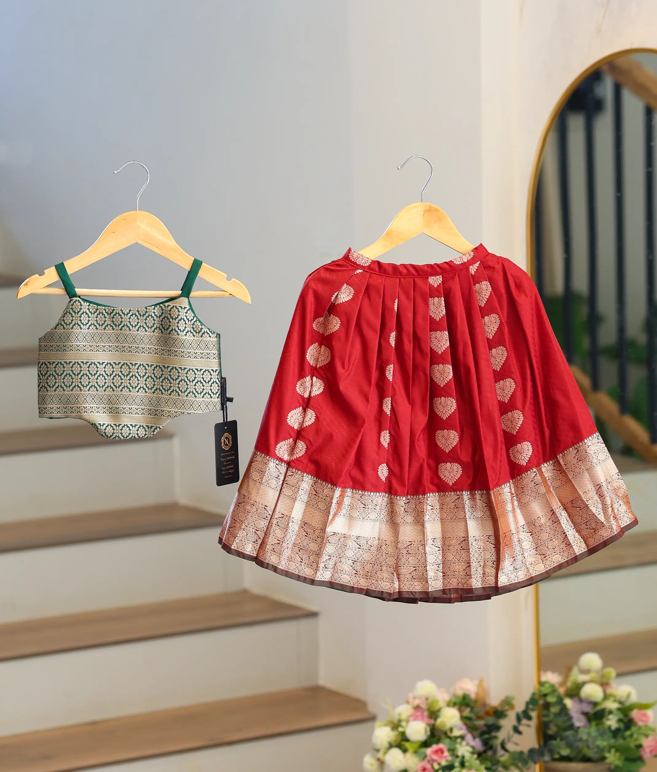 Maroon And Green Kanchipuram Silk Skirt and Top for Baby Girl [6422]