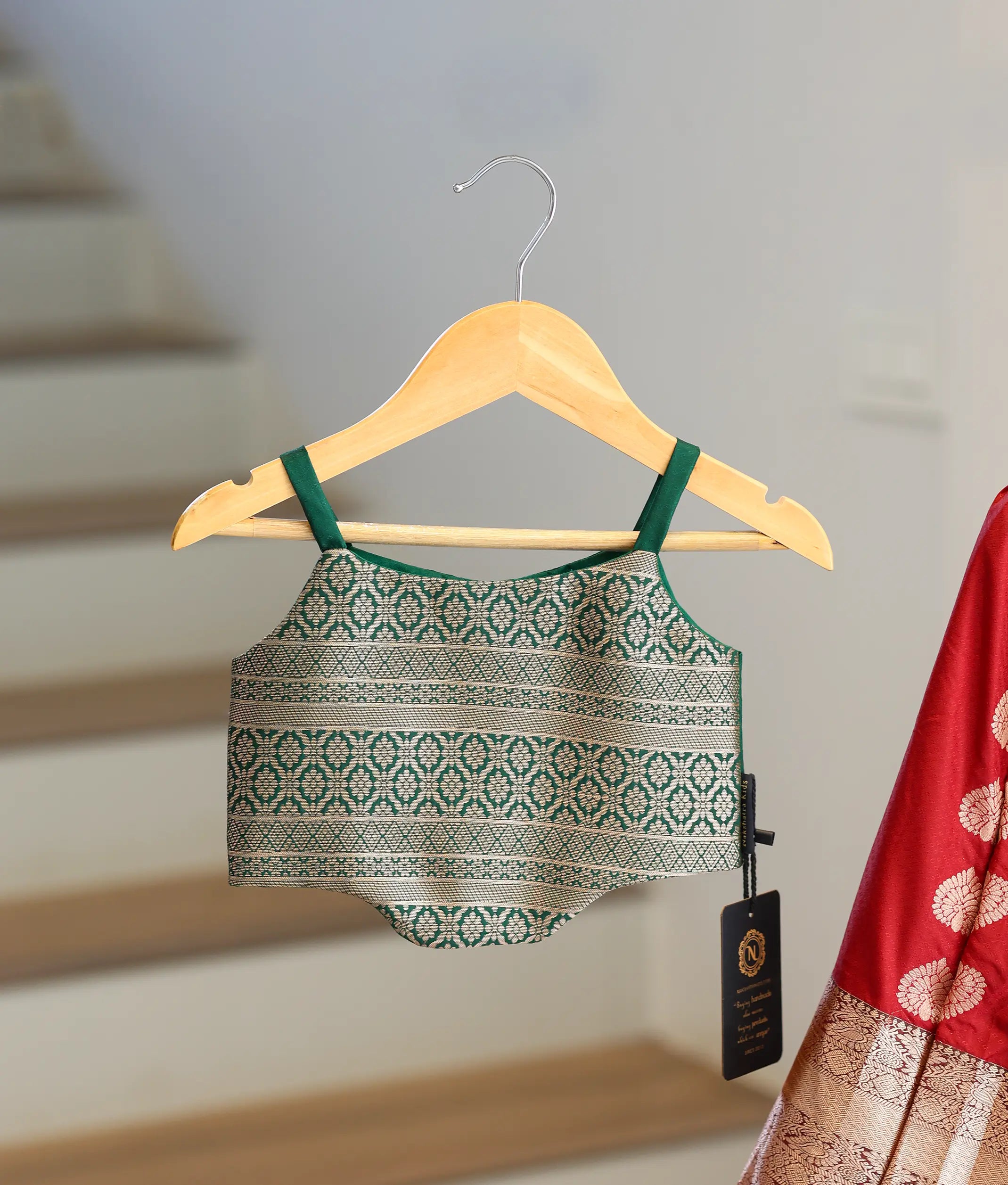 Maroon And Green Kanchipuram Silk Skirt and Top for Baby Girl [6422]