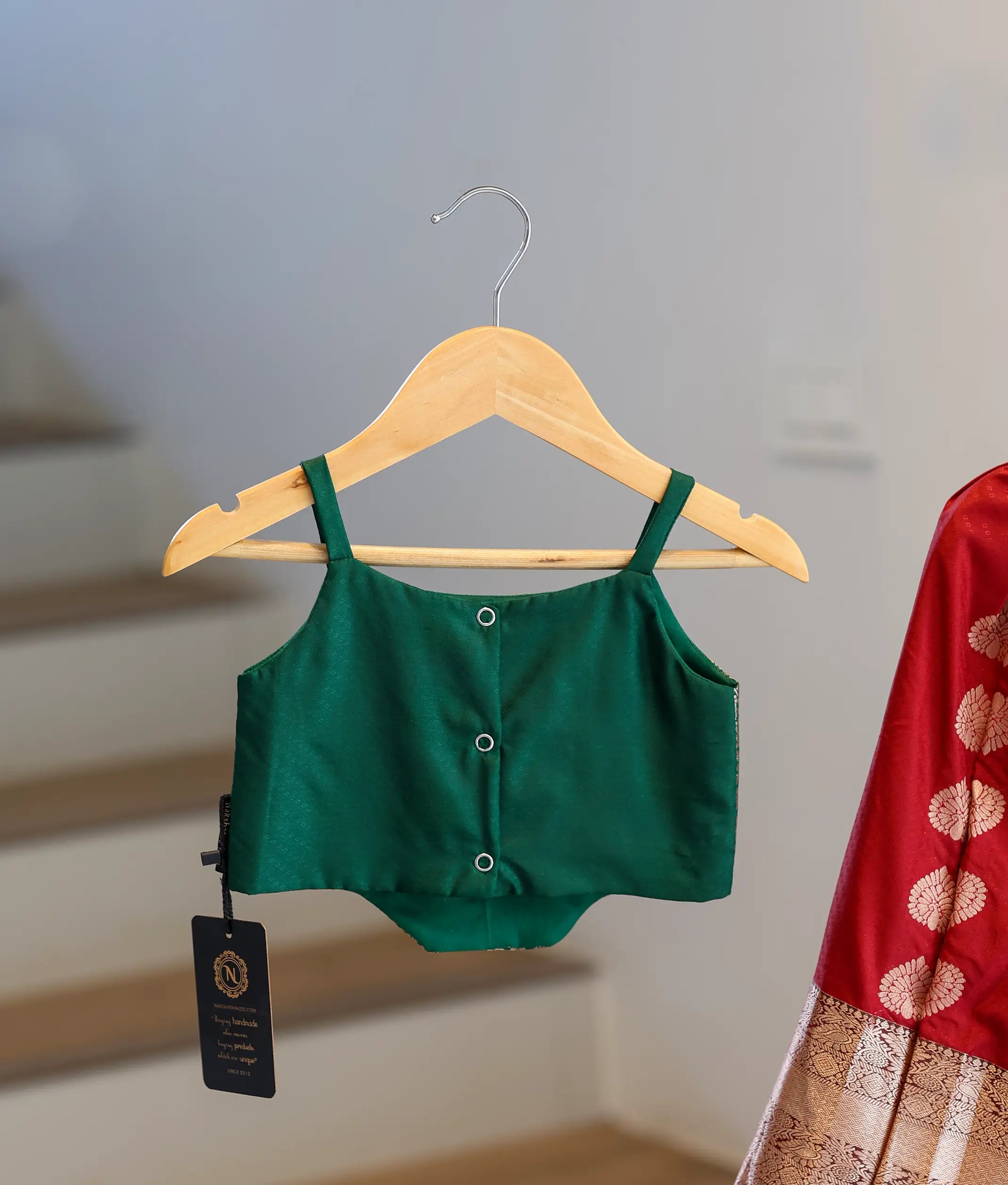 Maroon And Green Kanchipuram Silk Skirt and Top for Baby Girl [6422]
