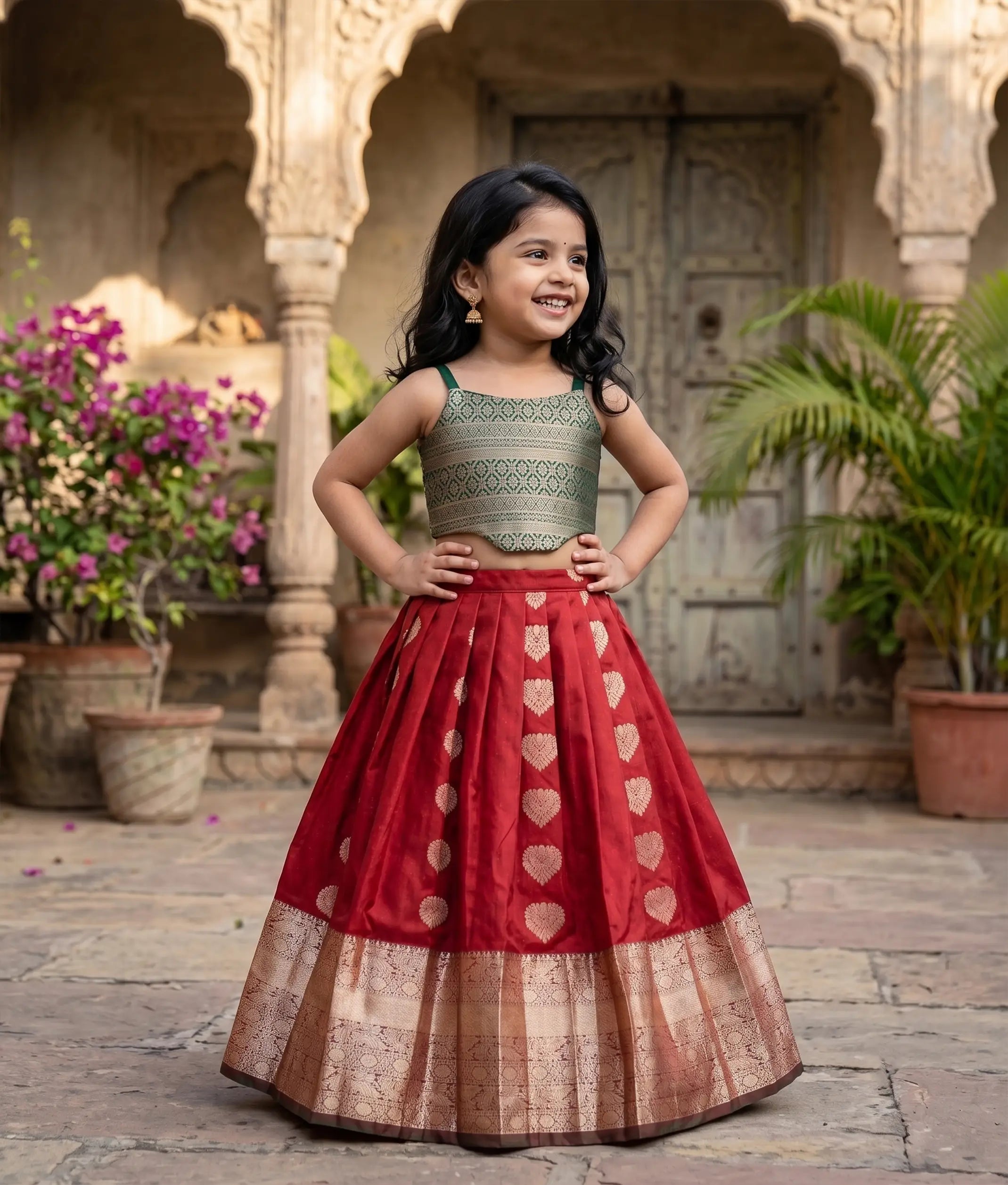 Maroon And Green Kanchipuram Silk Skirt and Top for Baby Girl [6422]