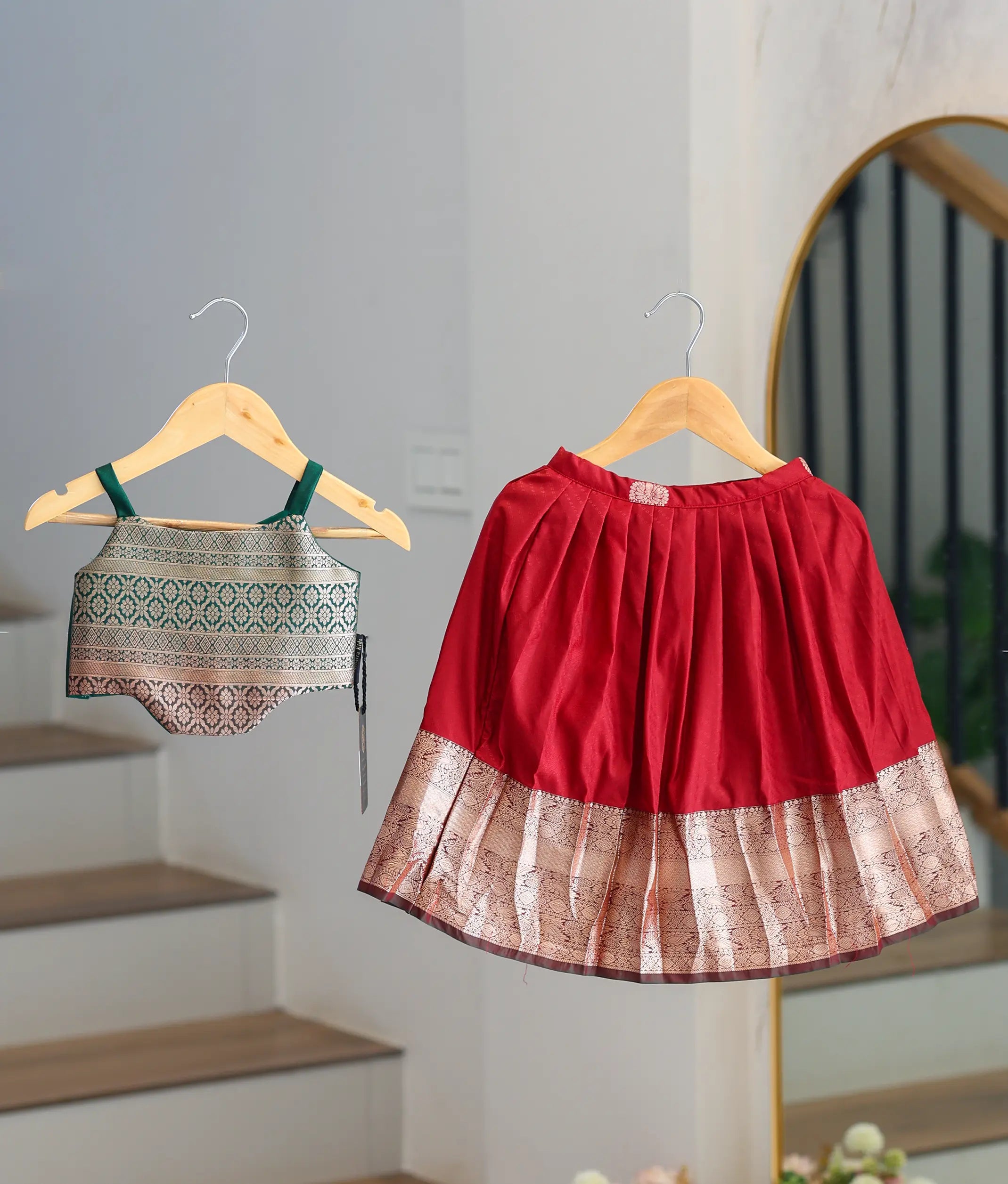 Maroon And Green Kanchipuram Silk Skirt and Top for Baby Girl [6422A]