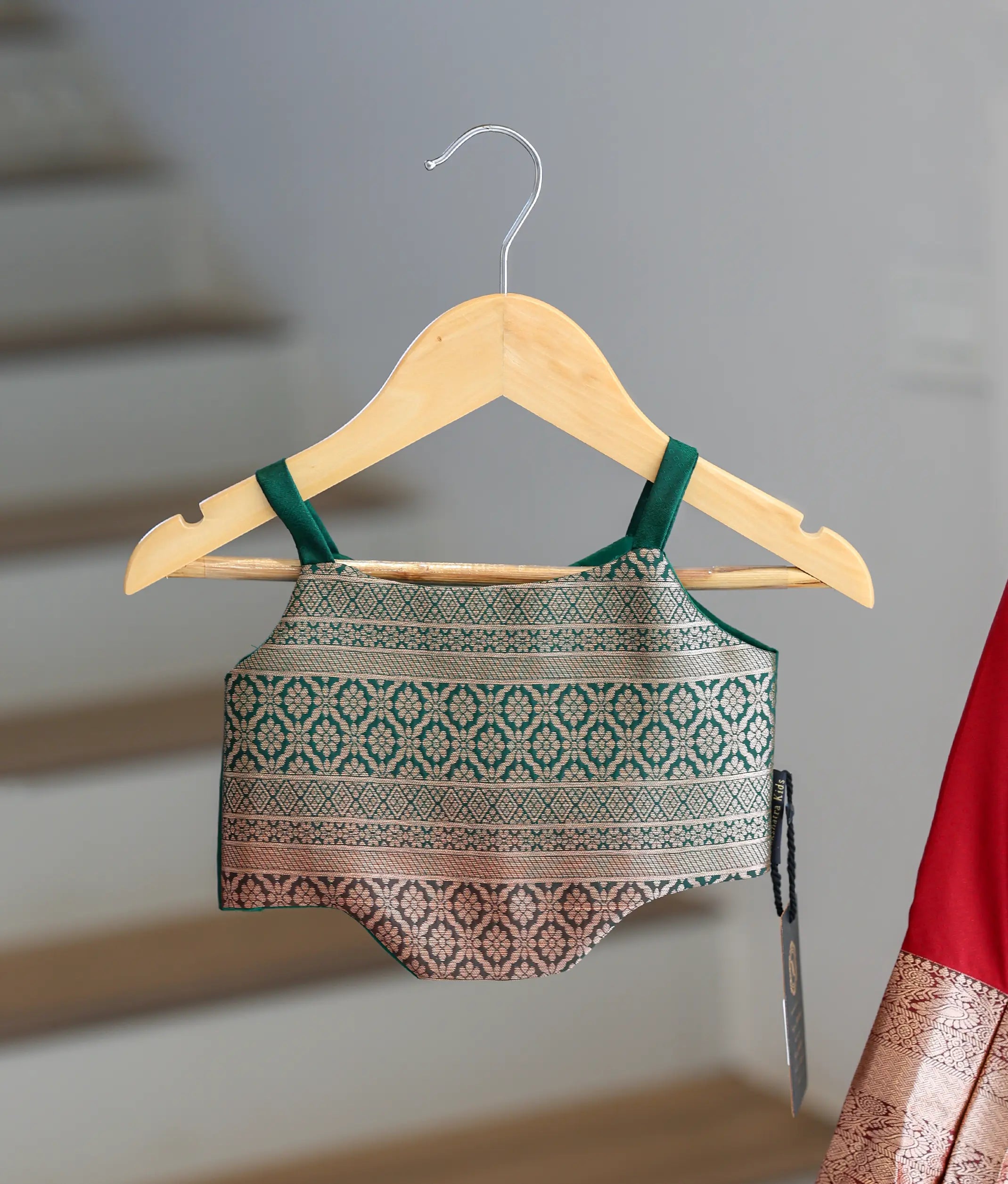 Maroon And Green Kanchipuram Silk Skirt and Top for Baby Girl [6422A]