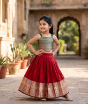 Maroon And Green Kanchipuram Silk Skirt and Top for Baby Girl [6422A]