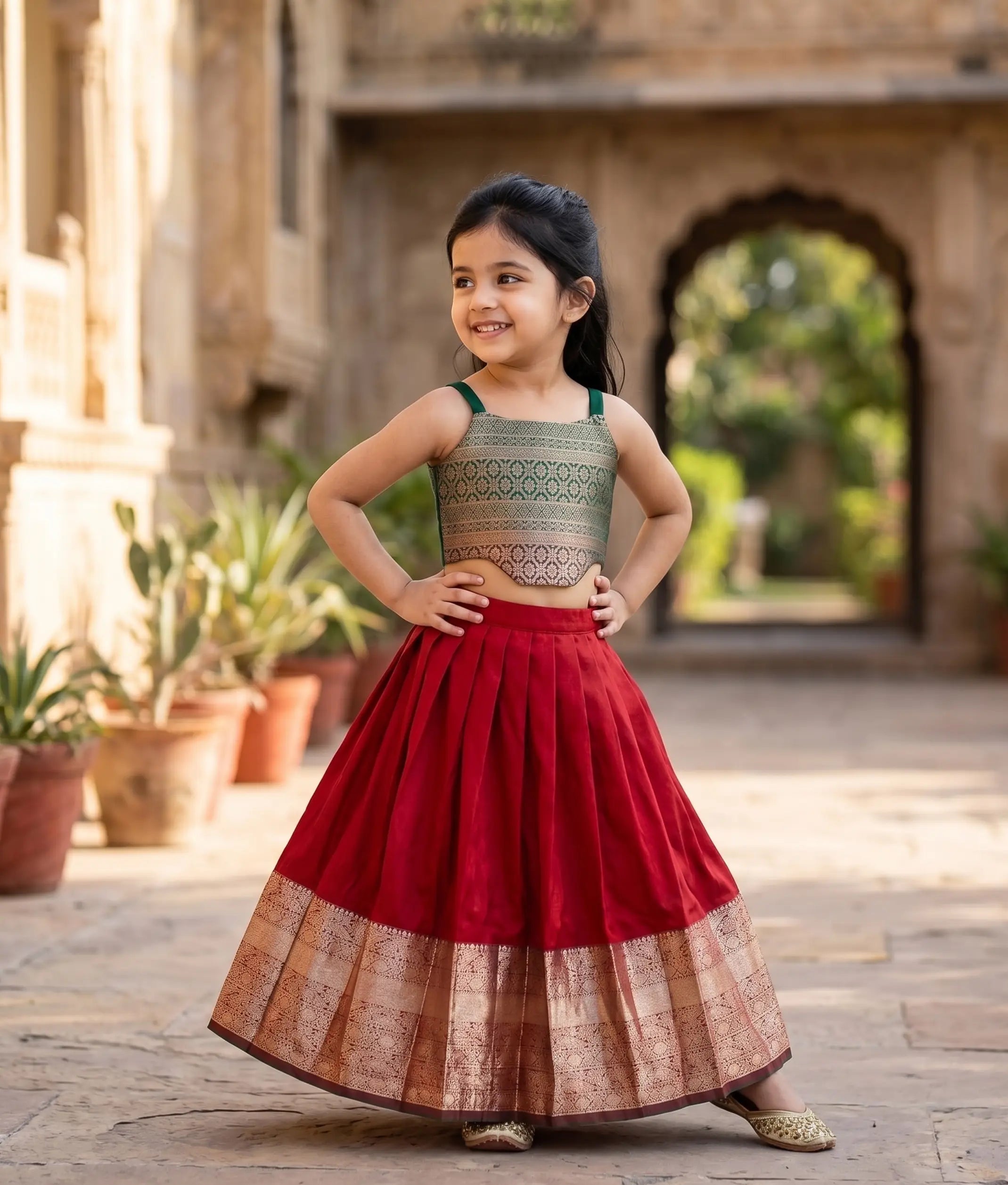 Maroon And Green Kanchipuram Silk Skirt and Top for Baby Girl [6422A]