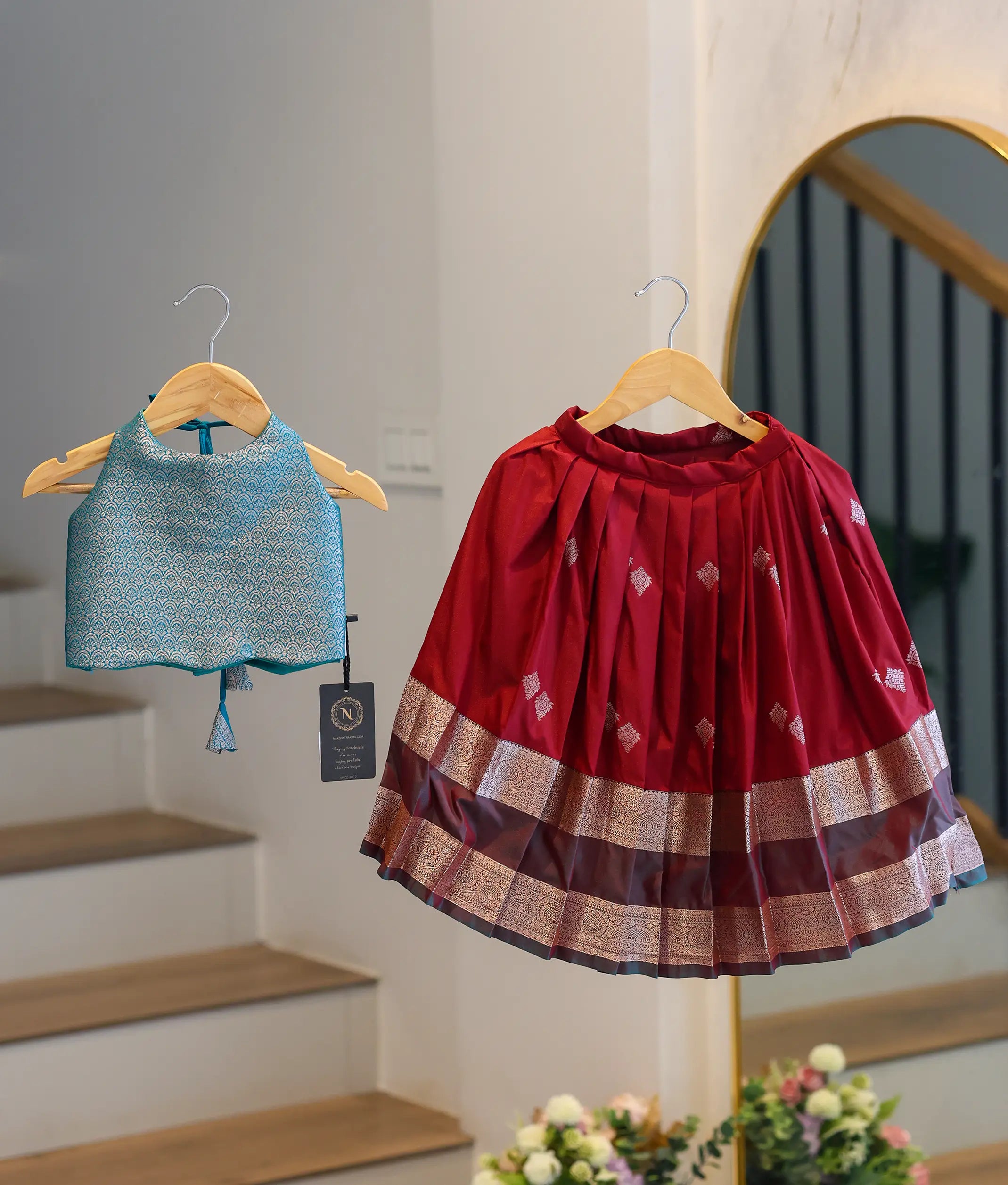 Maroon and Green Kanchipuram Silk Skirt and Top for Baby Girl [6423]