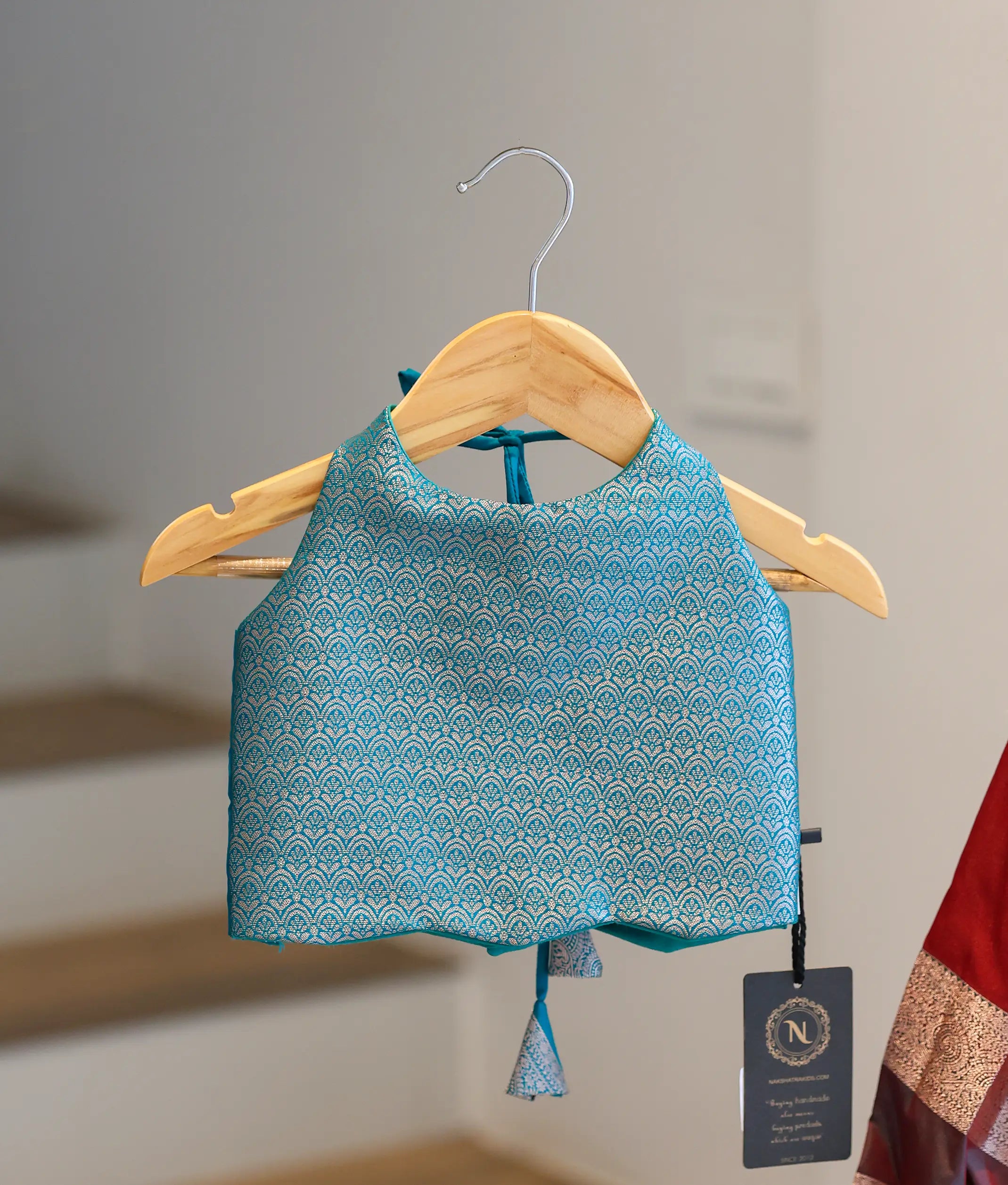 Maroon and Green Kanchipuram Silk Skirt and Top for Baby Girl [6423]
