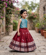 Maroon and Green Kanchipuram Silk Skirt and Top for Baby Girl [6423]