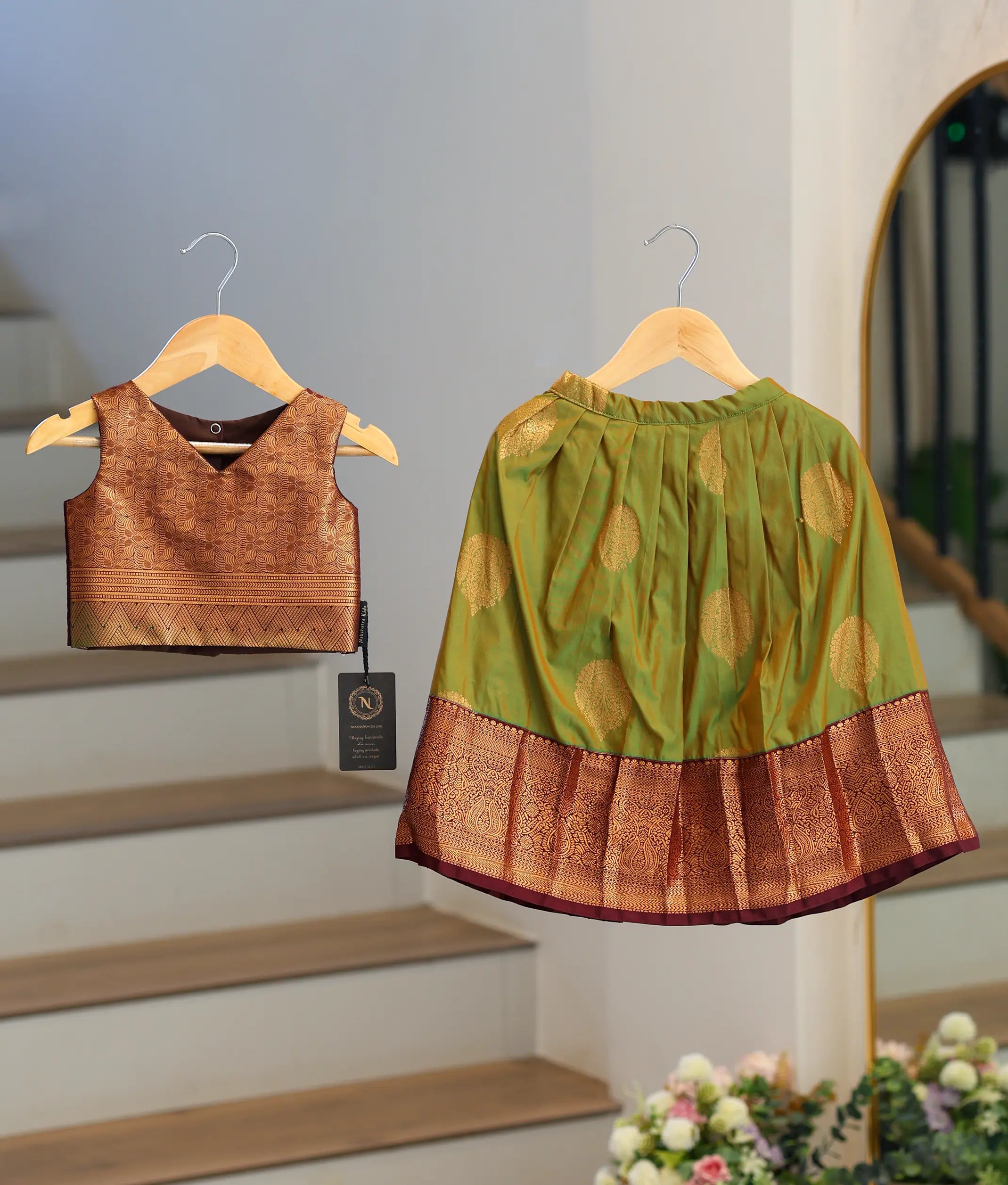 Olive Green and Brown Kanchipuram Silk Skirt and Top for Baby Girl [6424]