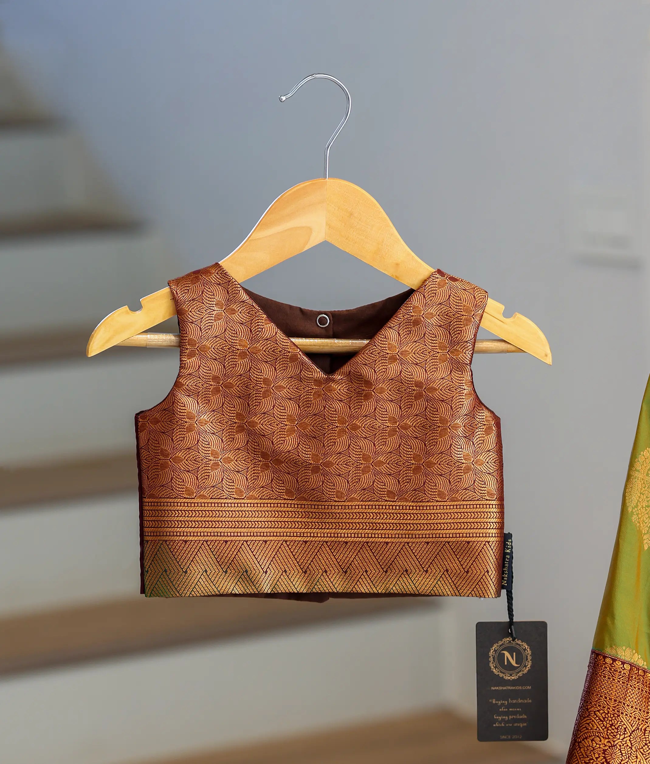 Olive Green and Brown Kanchipuram Silk Skirt and Top for Baby Girl [6424]