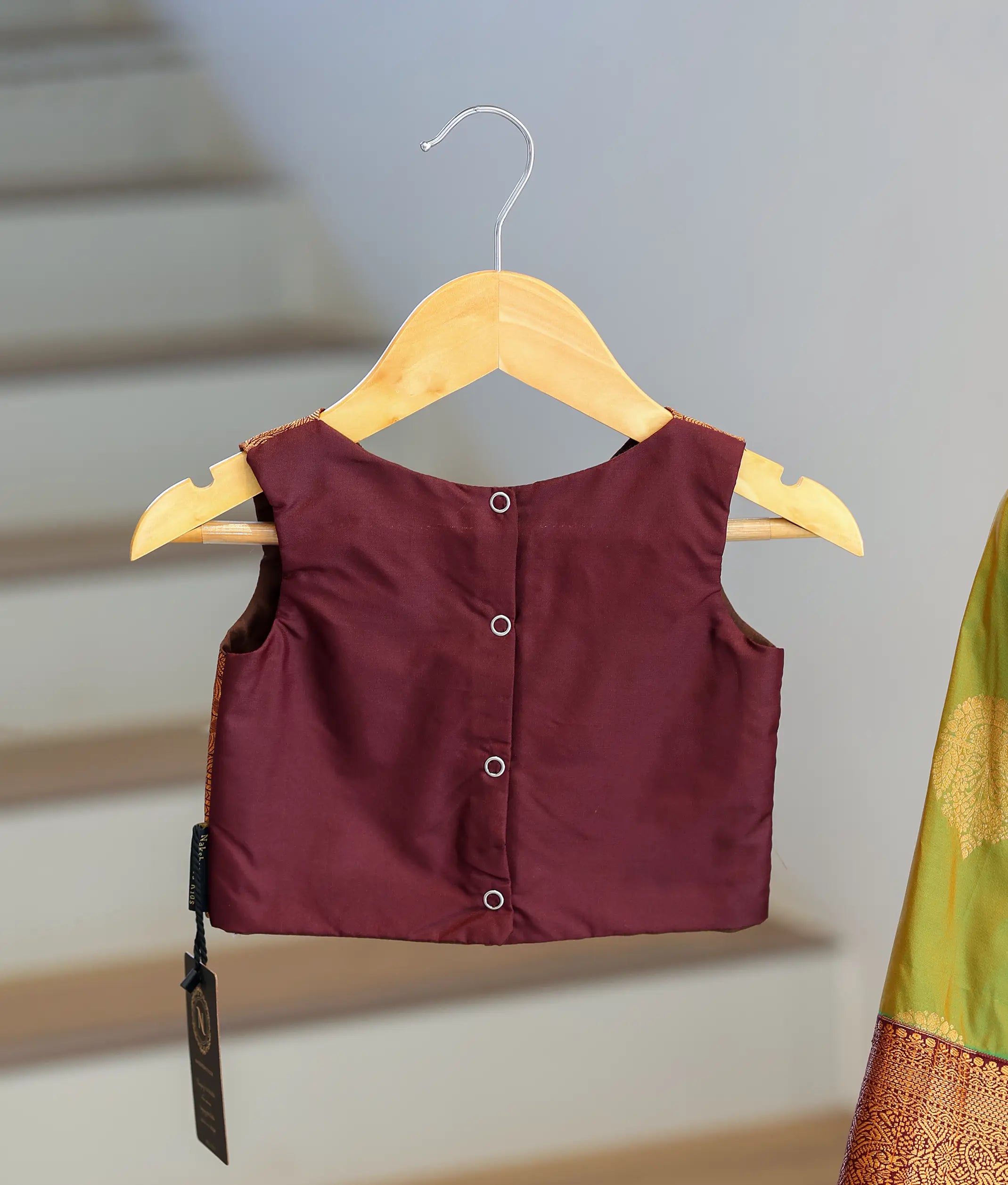 Olive Green and Brown Kanchipuram Silk Skirt and Top for Baby Girl [6424]