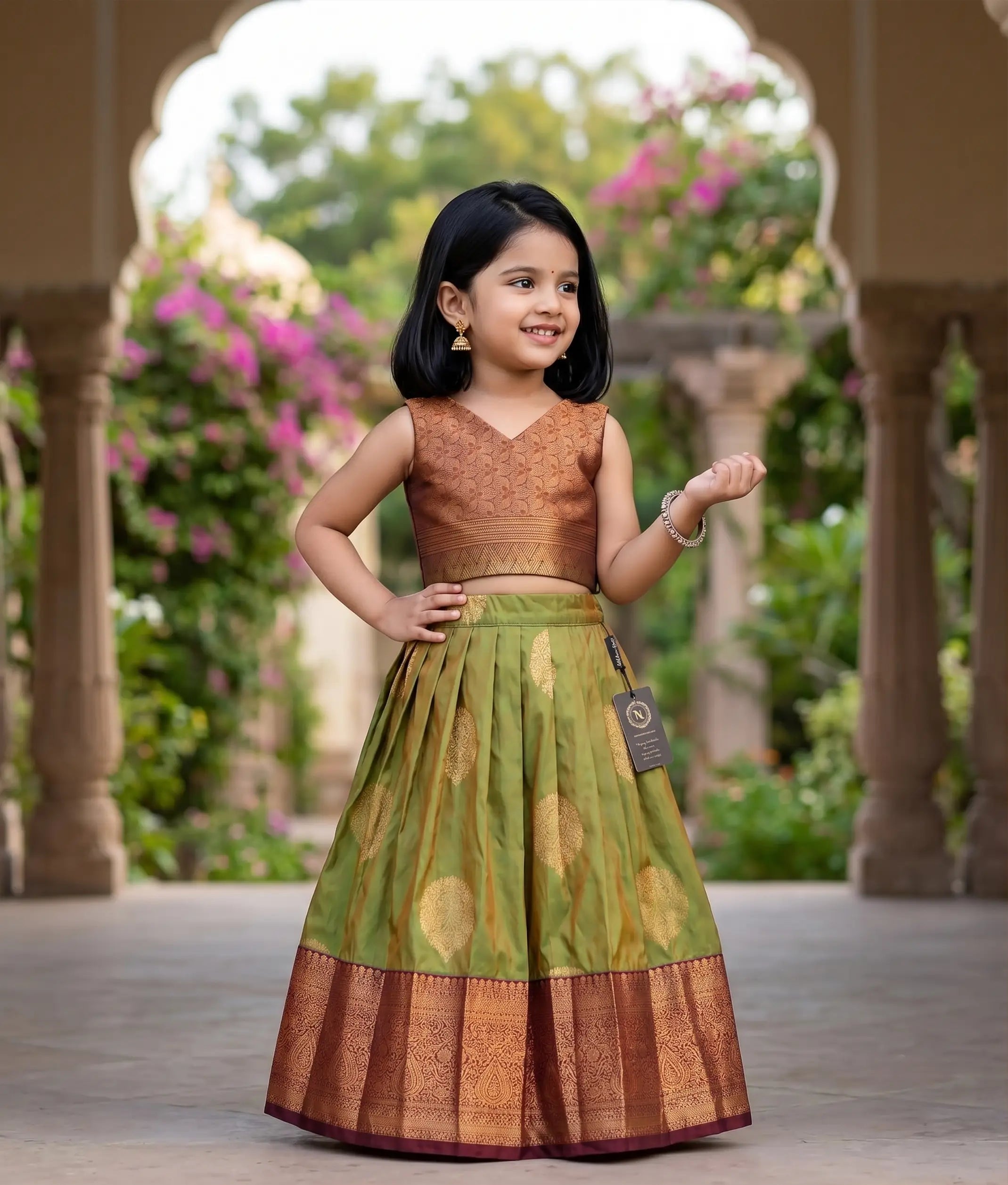 Olive Green and Brown Kanchipuram Silk Skirt and Top for Baby Girl [6424]