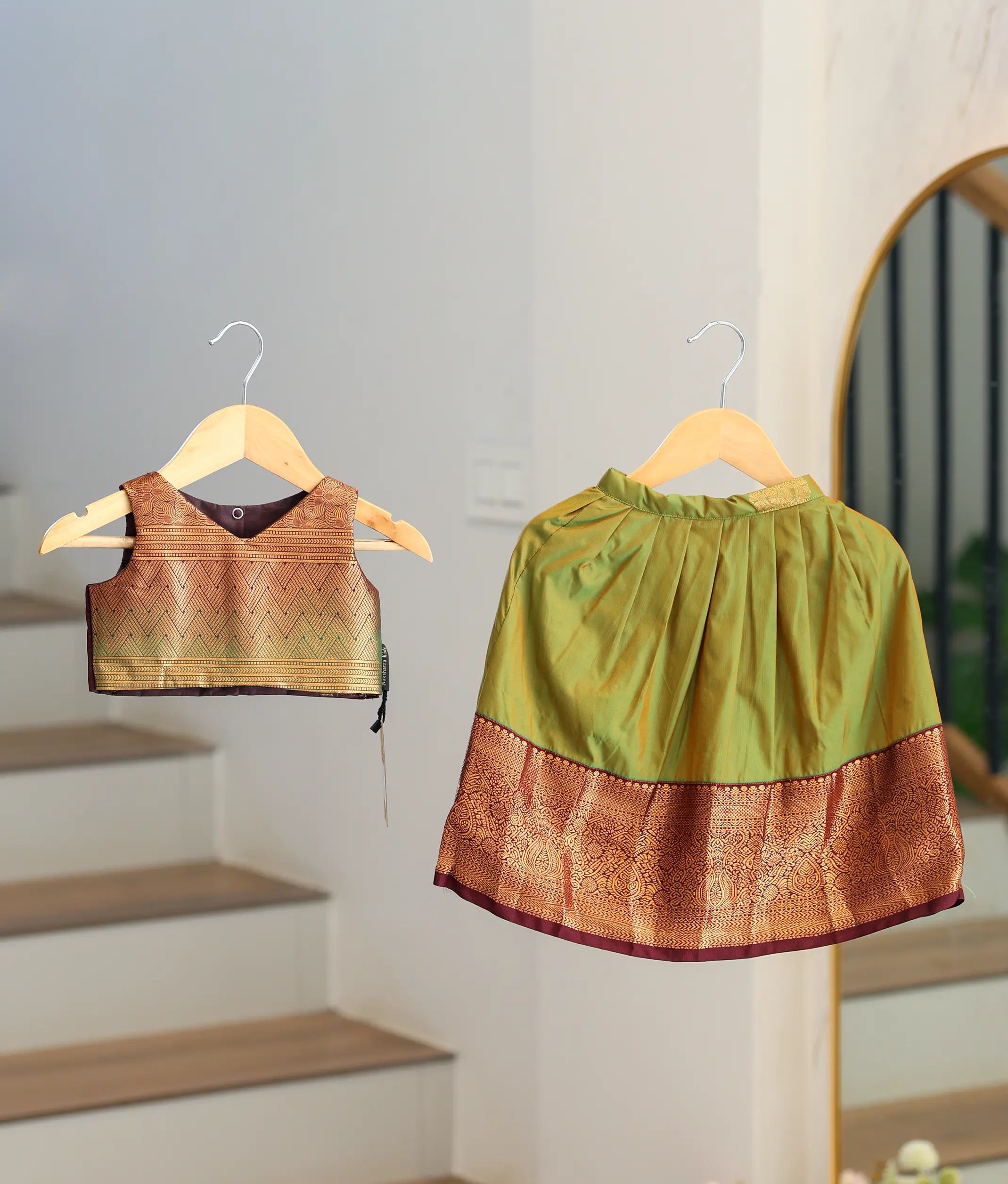 Olive Green and Brown Kanchipuram Silk Skirt and Top for Baby Girl [6424A]