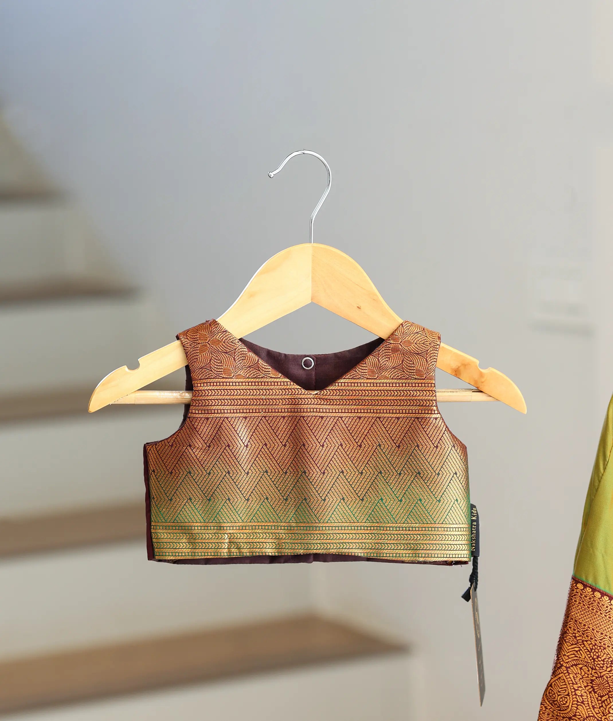 Olive Green and Brown Kanchipuram Silk Skirt and Top for Baby Girl [6424A]