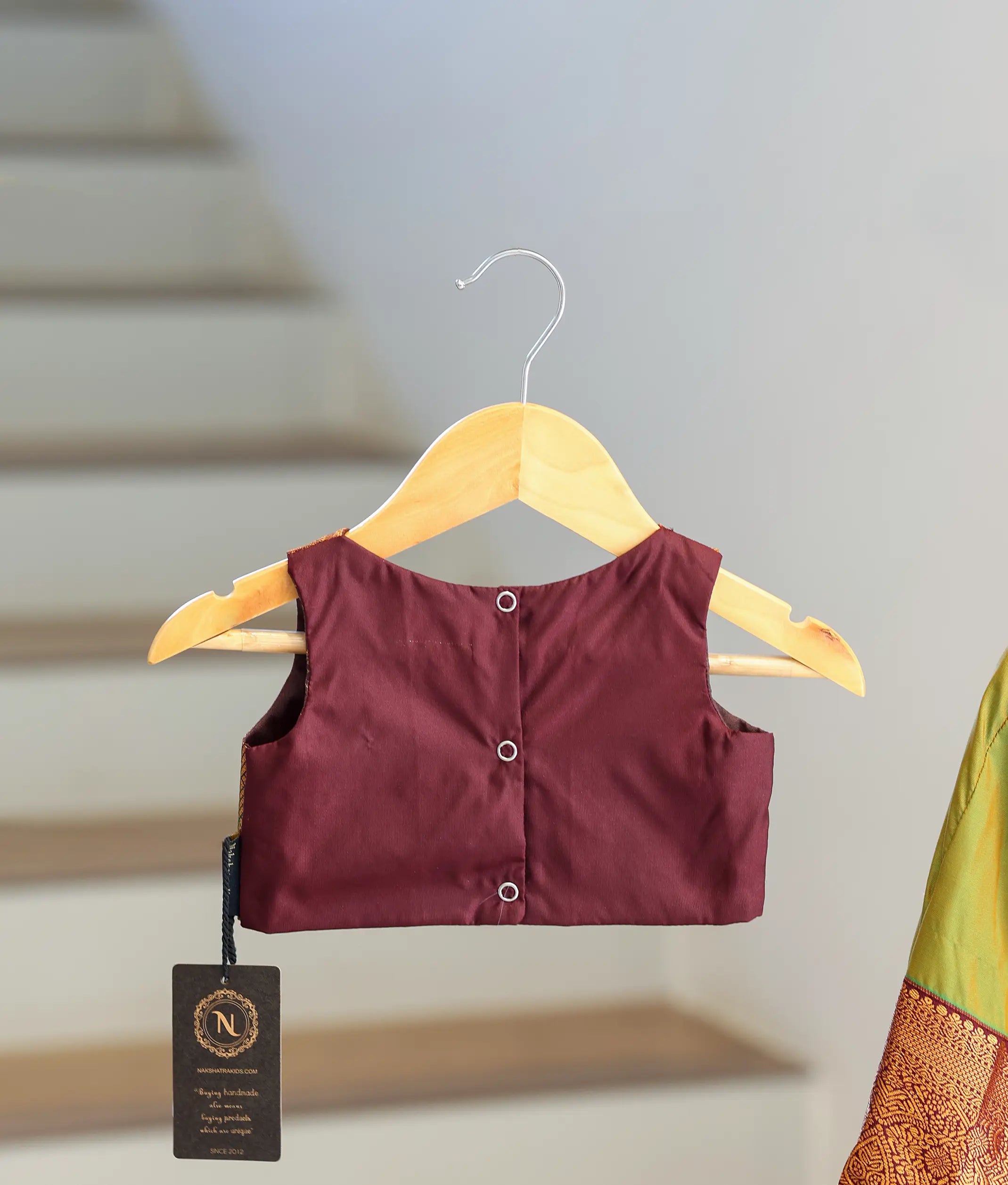 Olive Green and Brown Kanchipuram Silk Skirt and Top for Baby Girl [6424A]