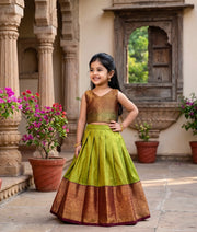 Olive Green and Brown Kanchipuram Silk Skirt and Top for Baby Girl [6424A]