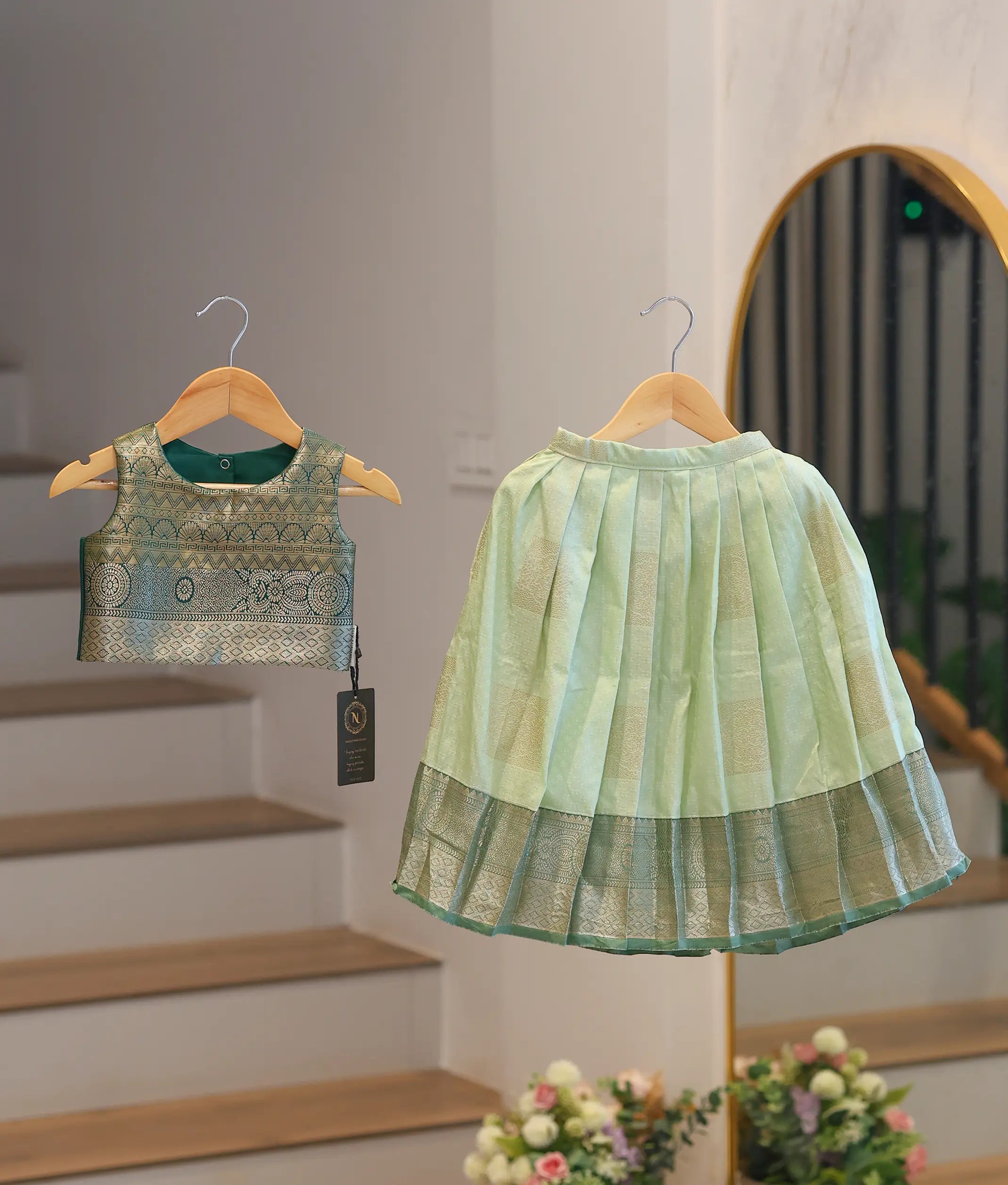 Mint Green Kanchipuram Silk Skirt and Top for Baby Girl [6434]