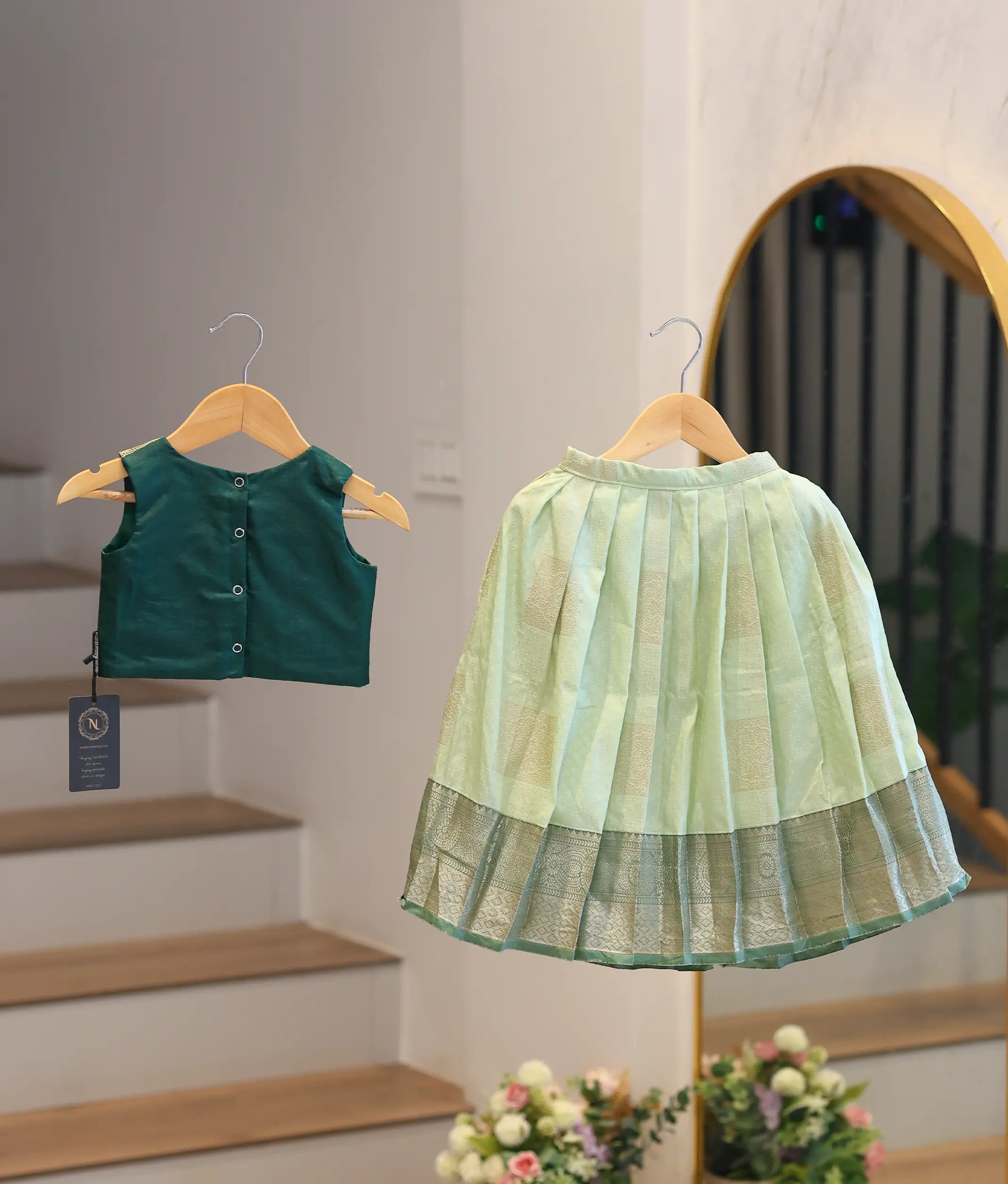 Mint Green Kanchipuram Silk Skirt and Top for Baby Girl [6434]