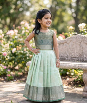 Mint Green Kanchipuram Silk Skirt and Top for Baby Girl [6434]