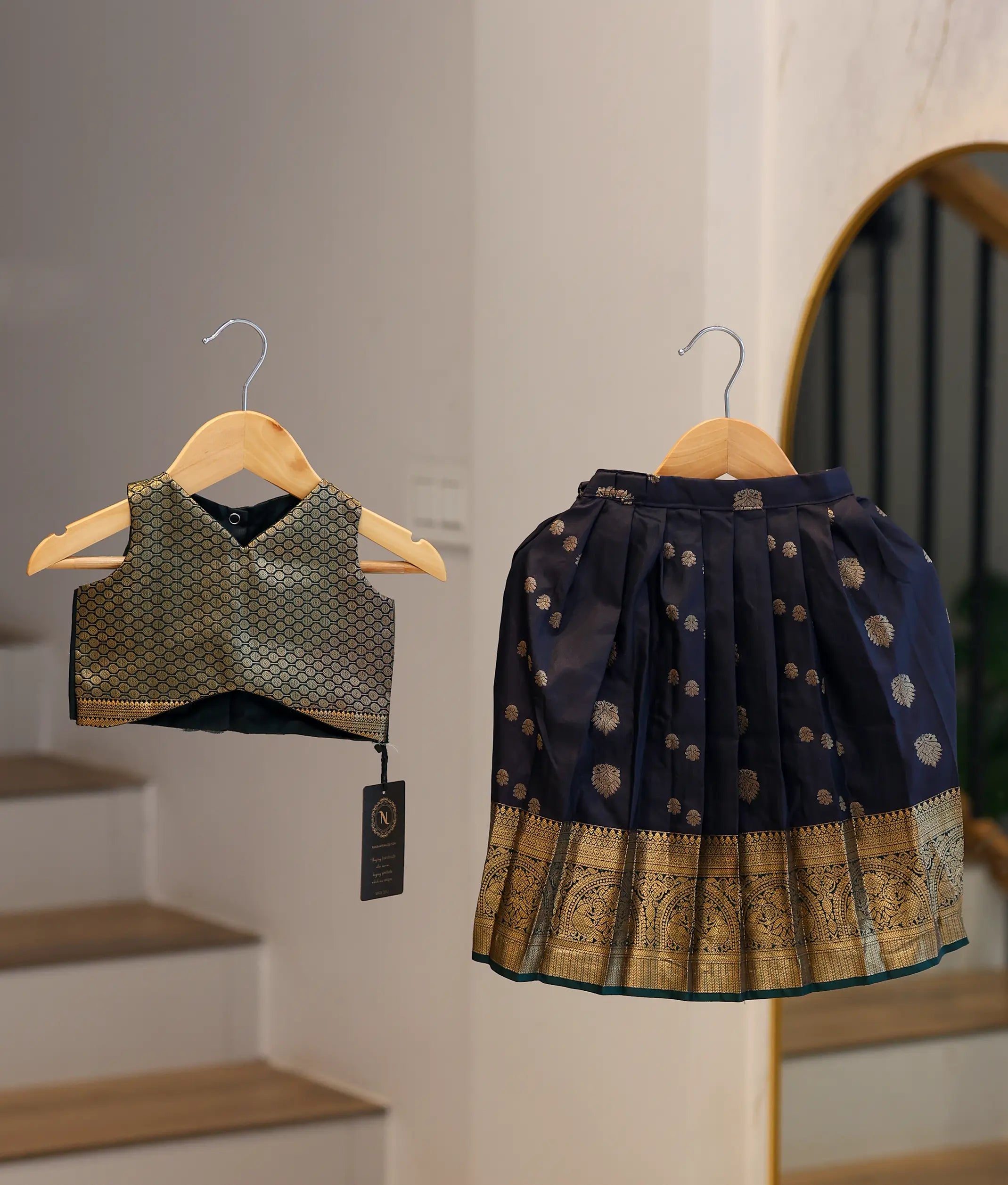 Dark Green and Navy Blue Kanchipuram Silk Skirt and Top for Baby Girl [6435]