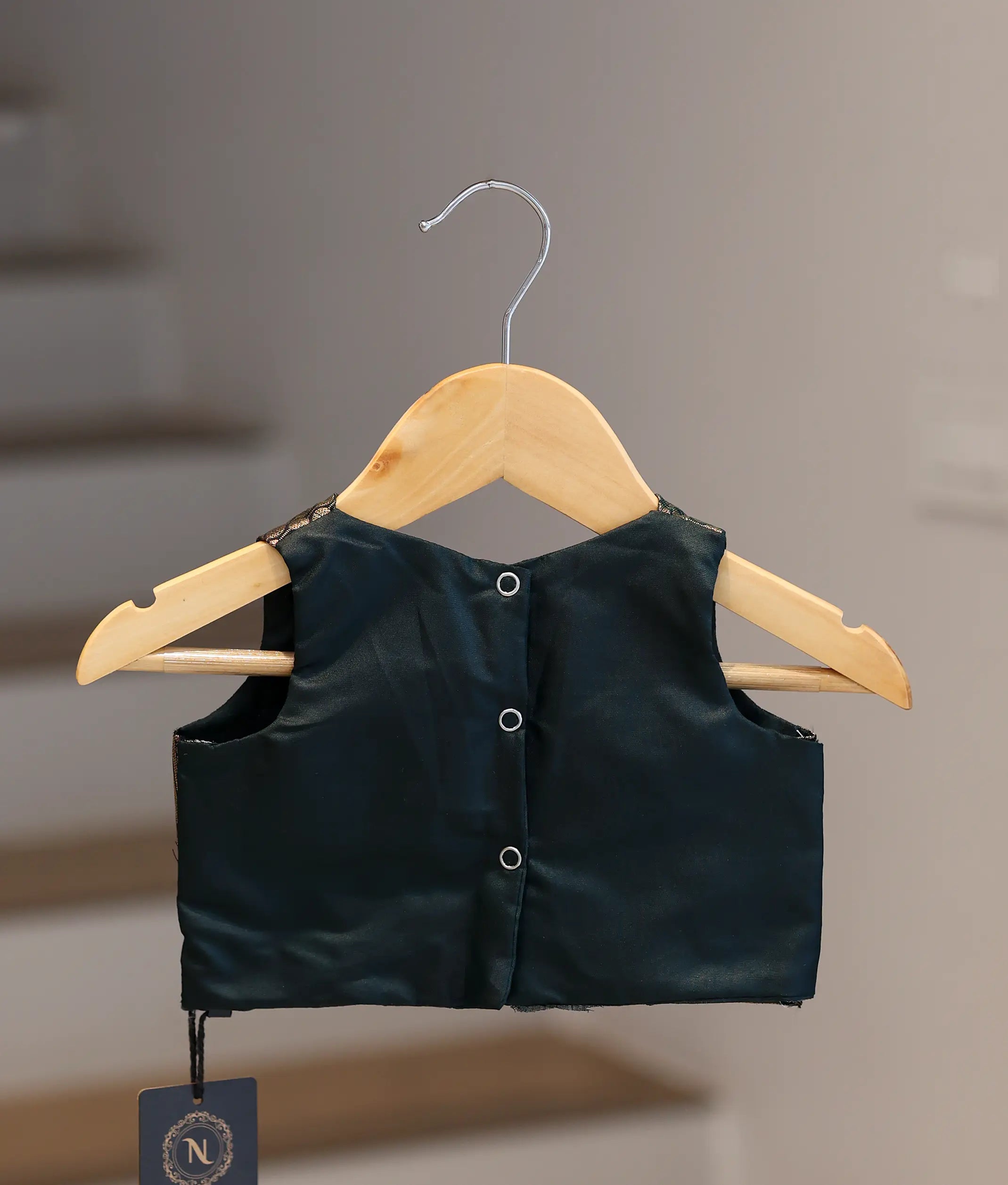 Dark Green and Navy Blue Kanchipuram Silk Skirt and Top for Baby Girl [6435]
