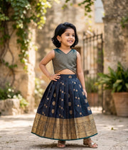 Dark Green and Navy Blue Kanchipuram Silk Skirt and Top for Baby Girl [6435]