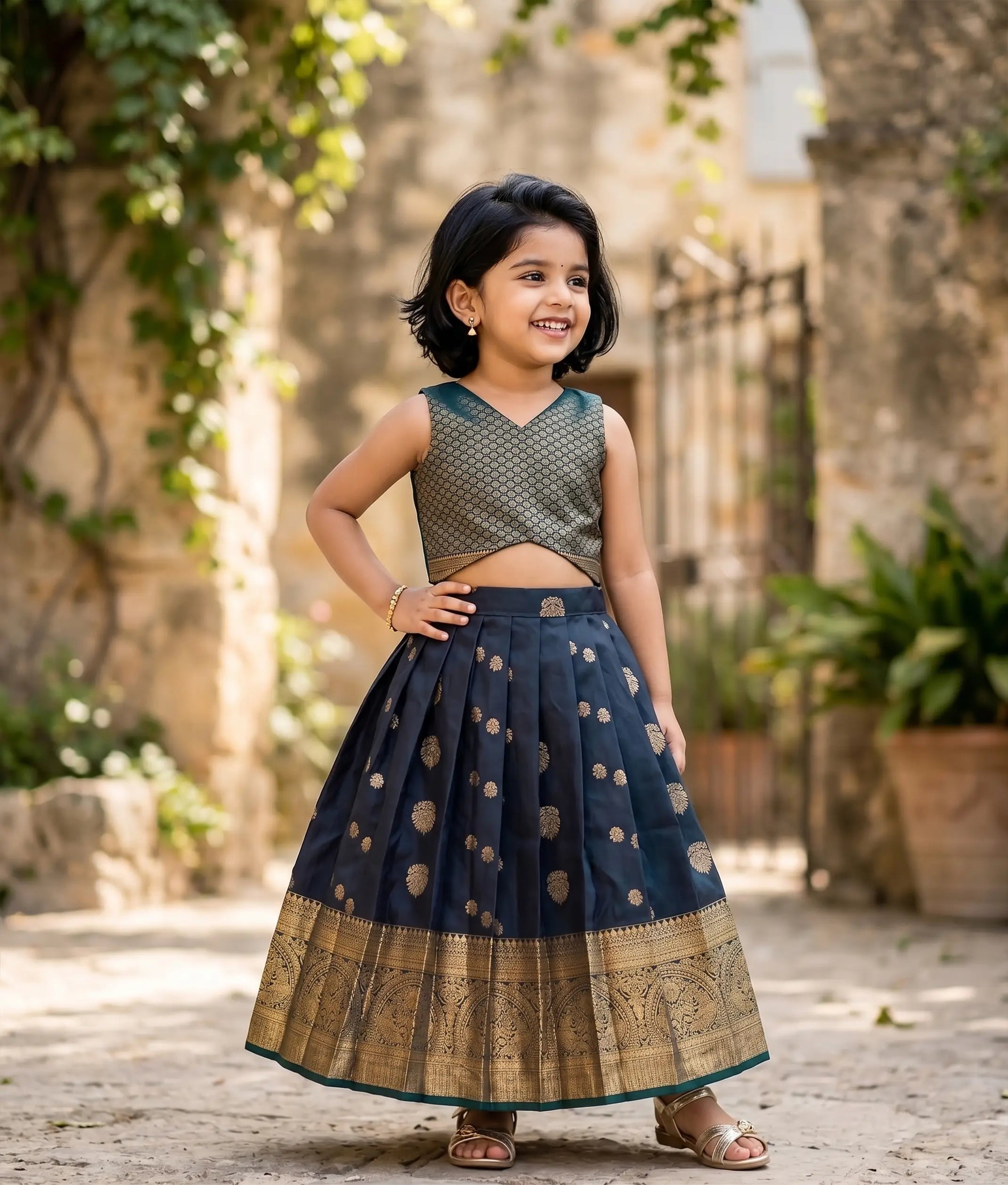 Dark Green and Navy Blue Kanchipuram Silk Skirt and Top for Baby Girl [6435]