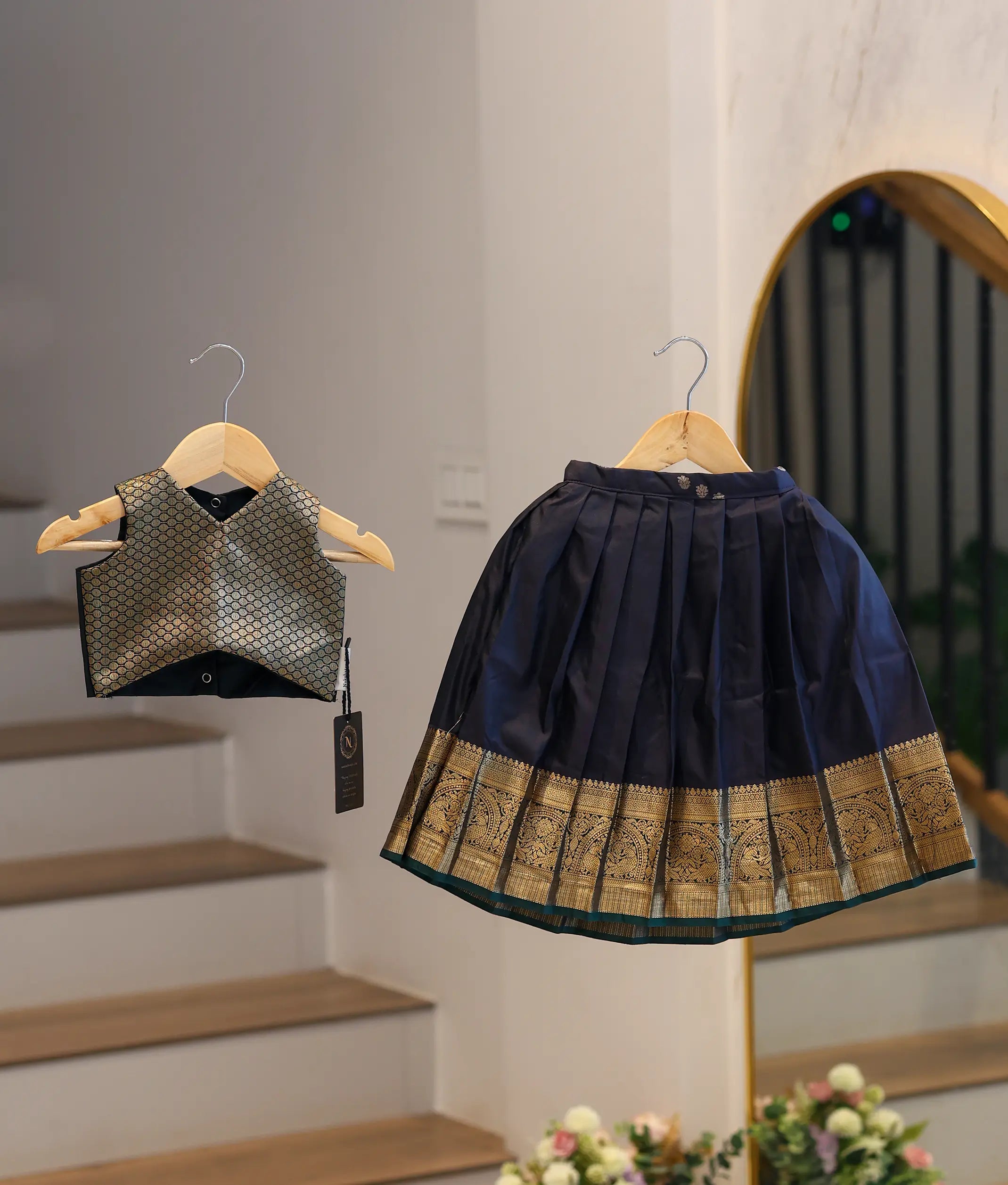 Dark Green and Navy Blue Kanchipuram Silk Skirt and Top for Baby Girl [6435A]