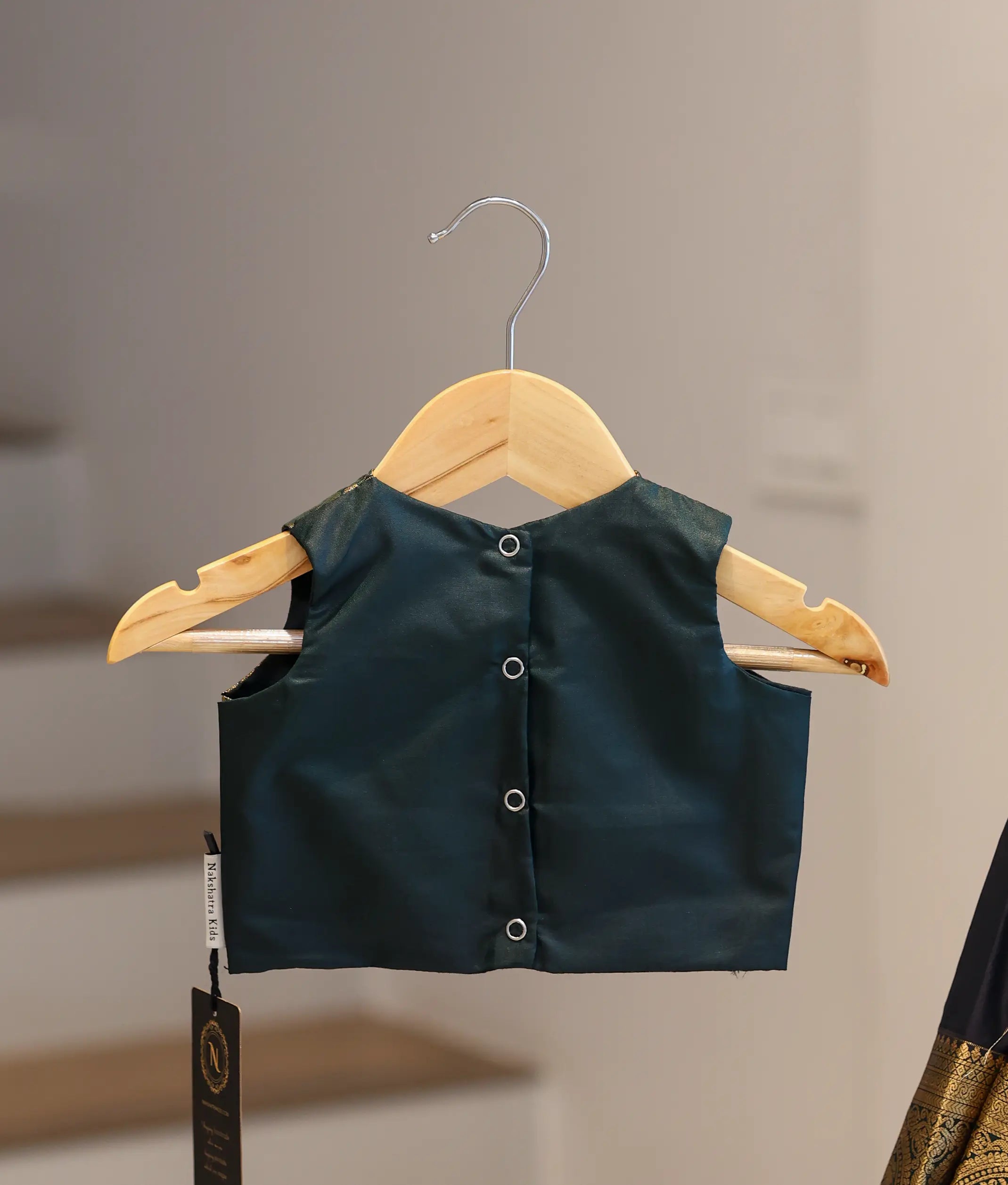 Dark Green and Navy Blue Kanchipuram Silk Skirt and Top for Baby Girl [6435A]