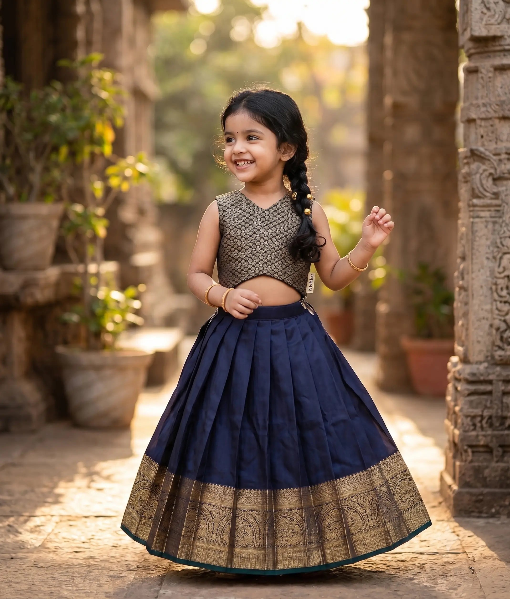 Dark Green and Navy Blue Kanchipuram Silk Skirt and Top for Baby Girl [6435A]