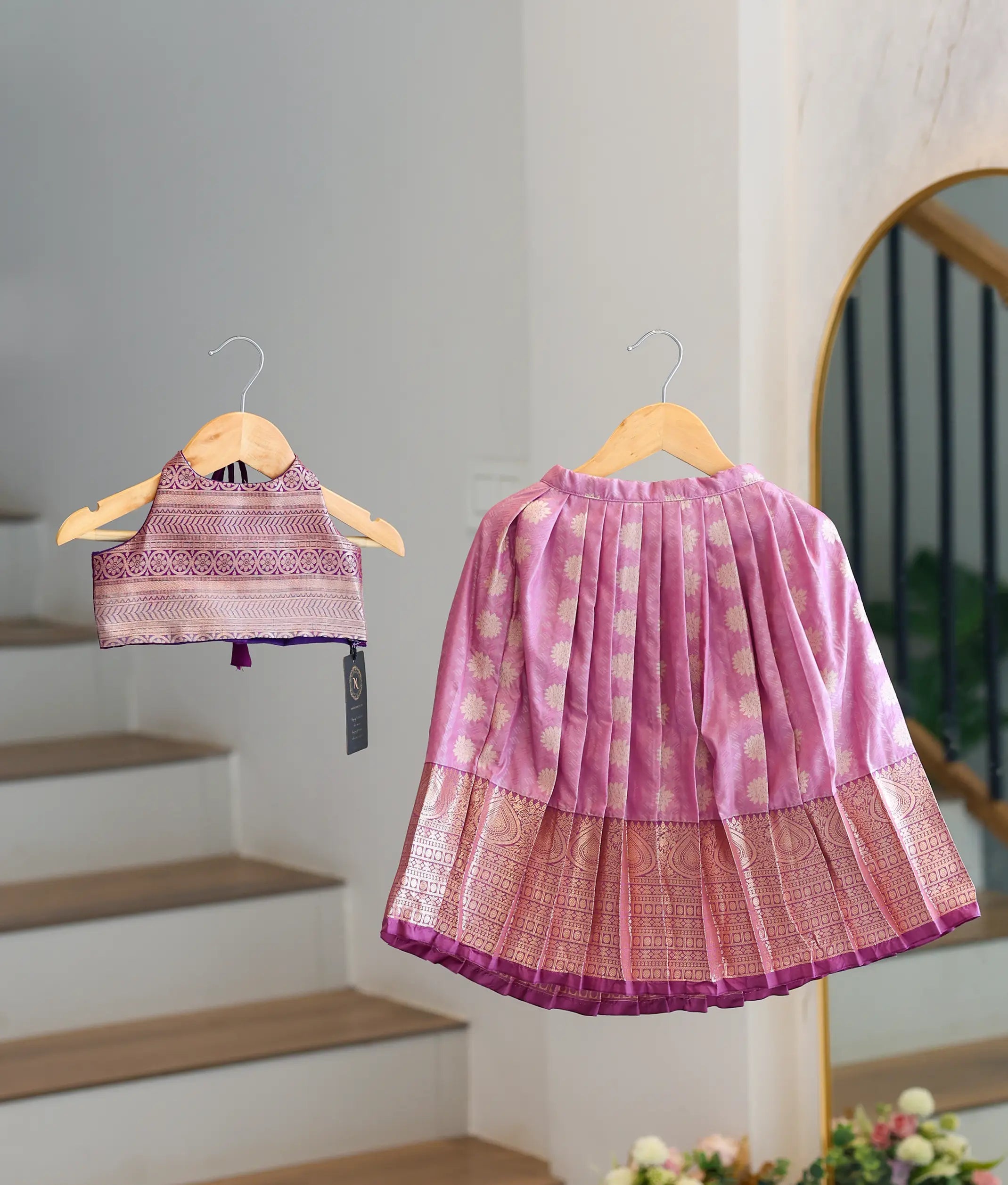 Lilac Pink and Violet Kanchipuram Silk Skirt and Top for Baby Girl [6436]