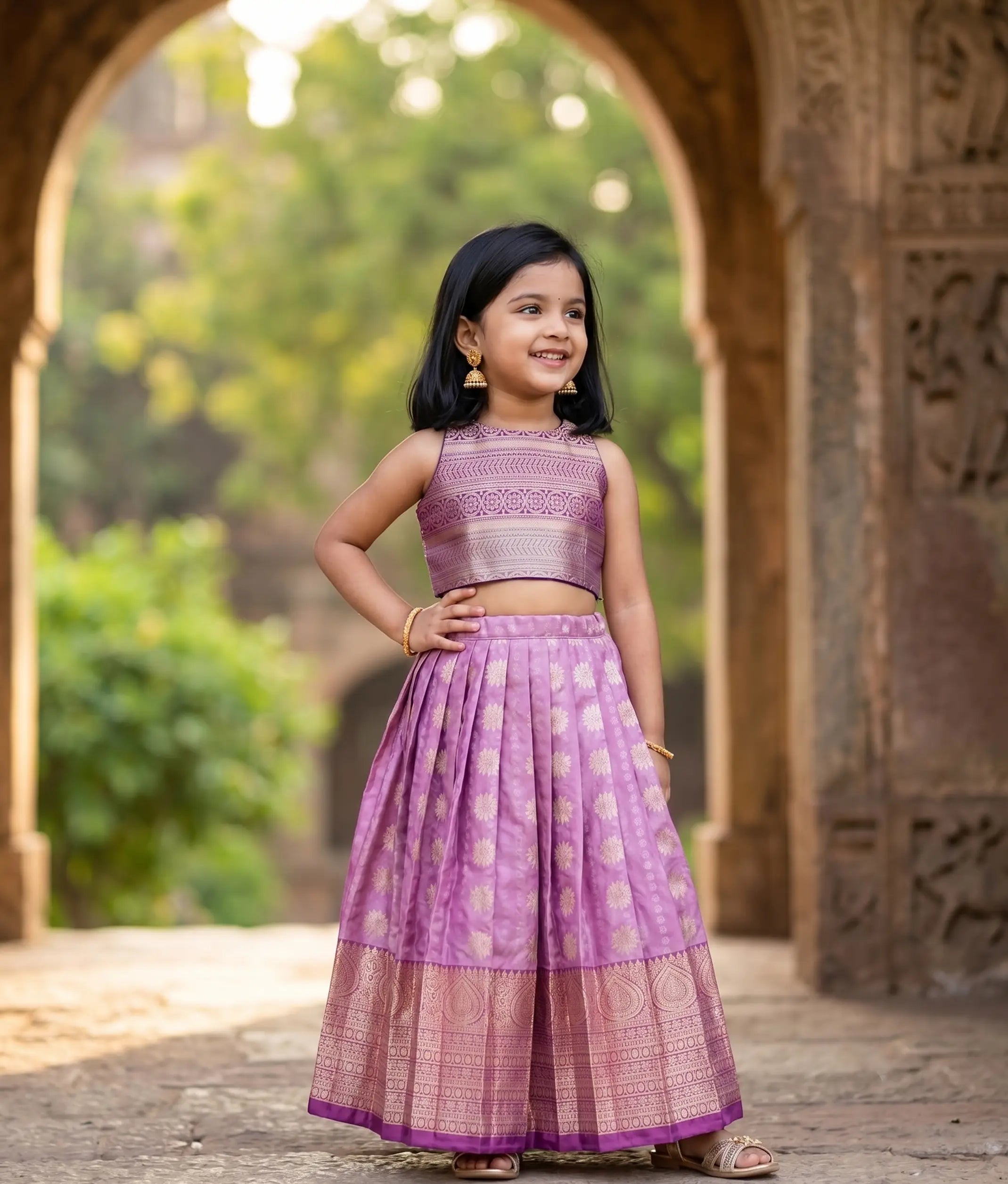 Lilac Pink and Violet Kanchipuram Silk Skirt and Top for Baby Girl [6436]