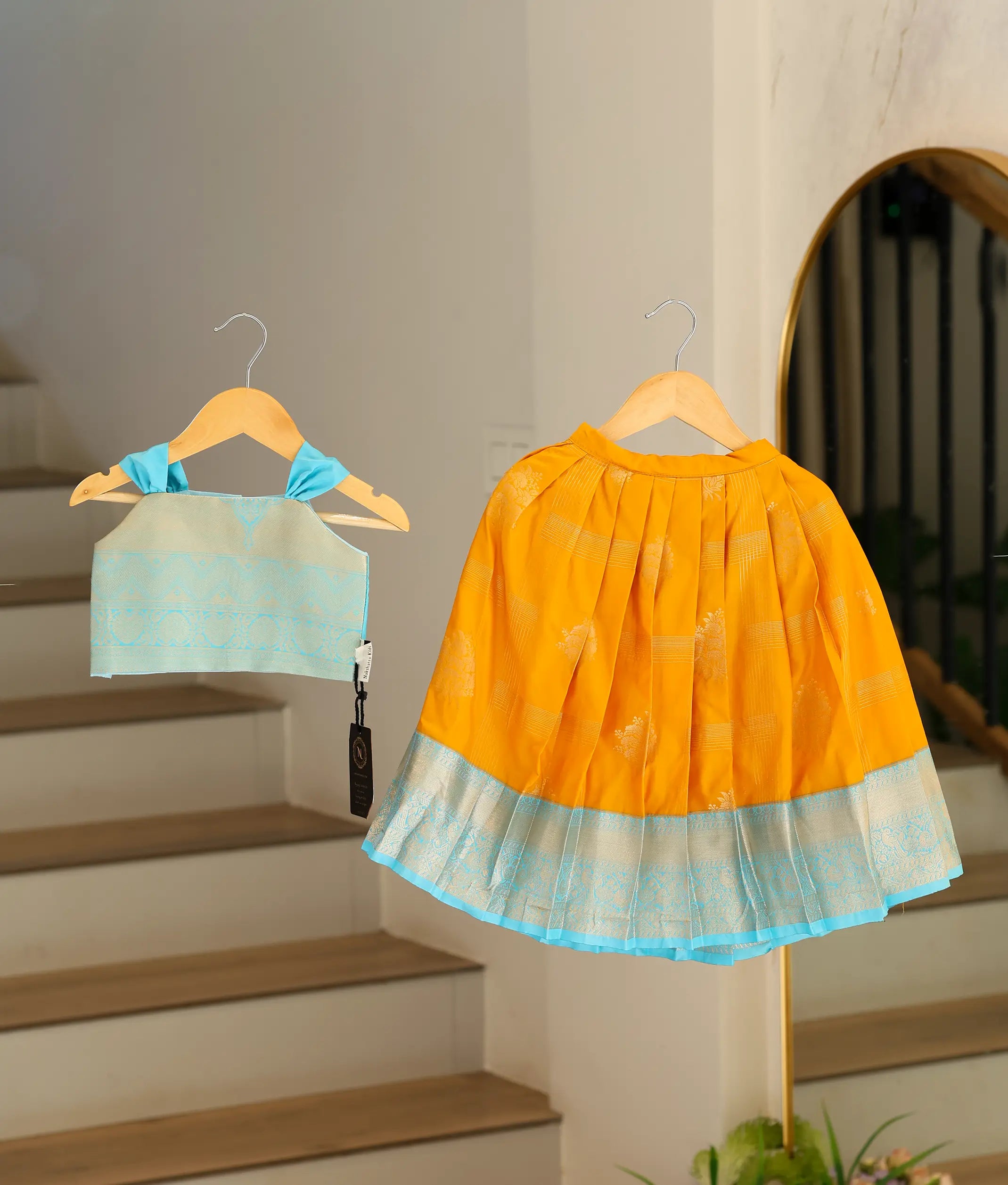 Blue and Yellow Kanchipuram Silk Skirt and Top for Baby Girl [6437]