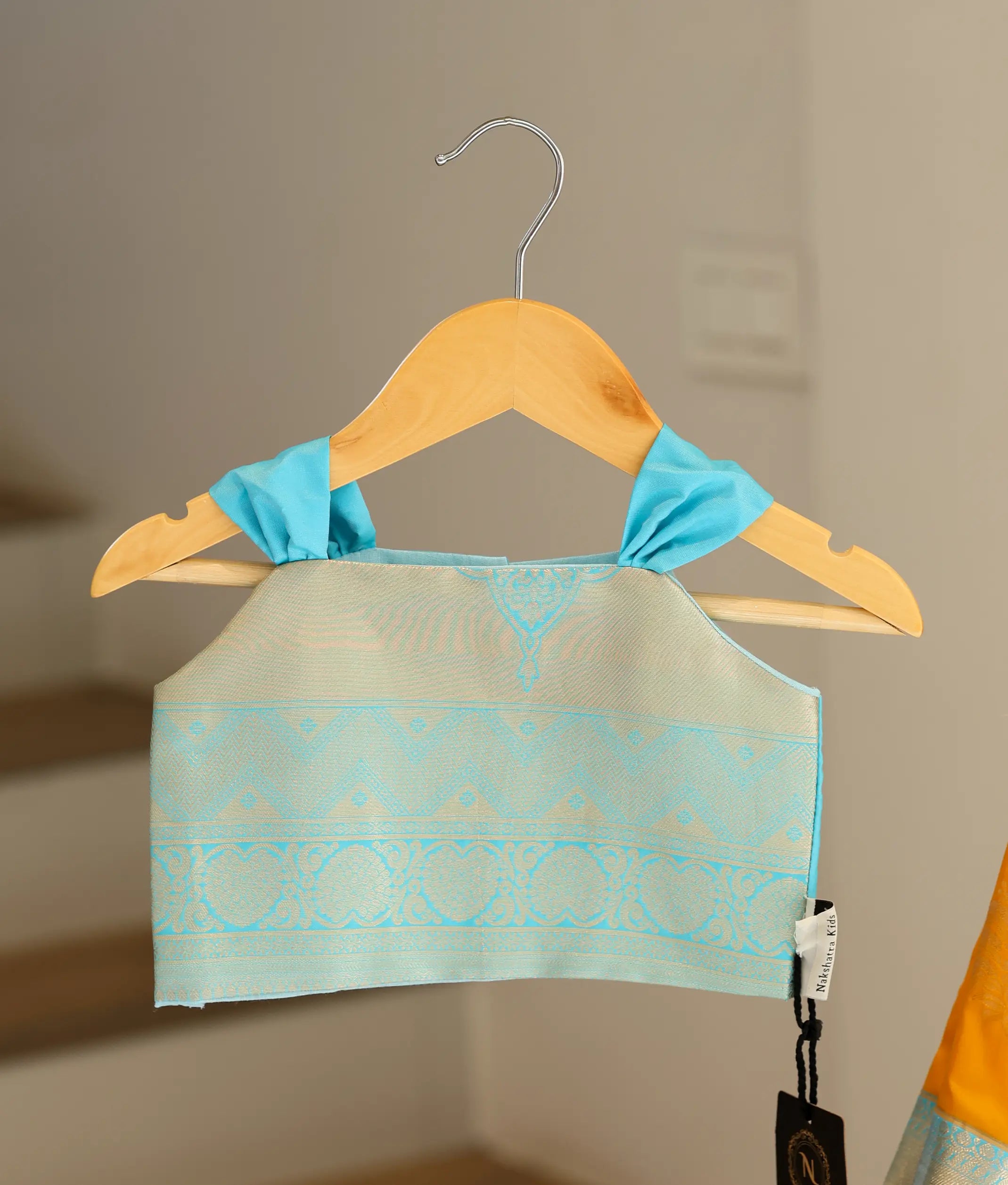 Blue and Yellow Kanchipuram Silk Skirt and Top for Baby Girl [6437]