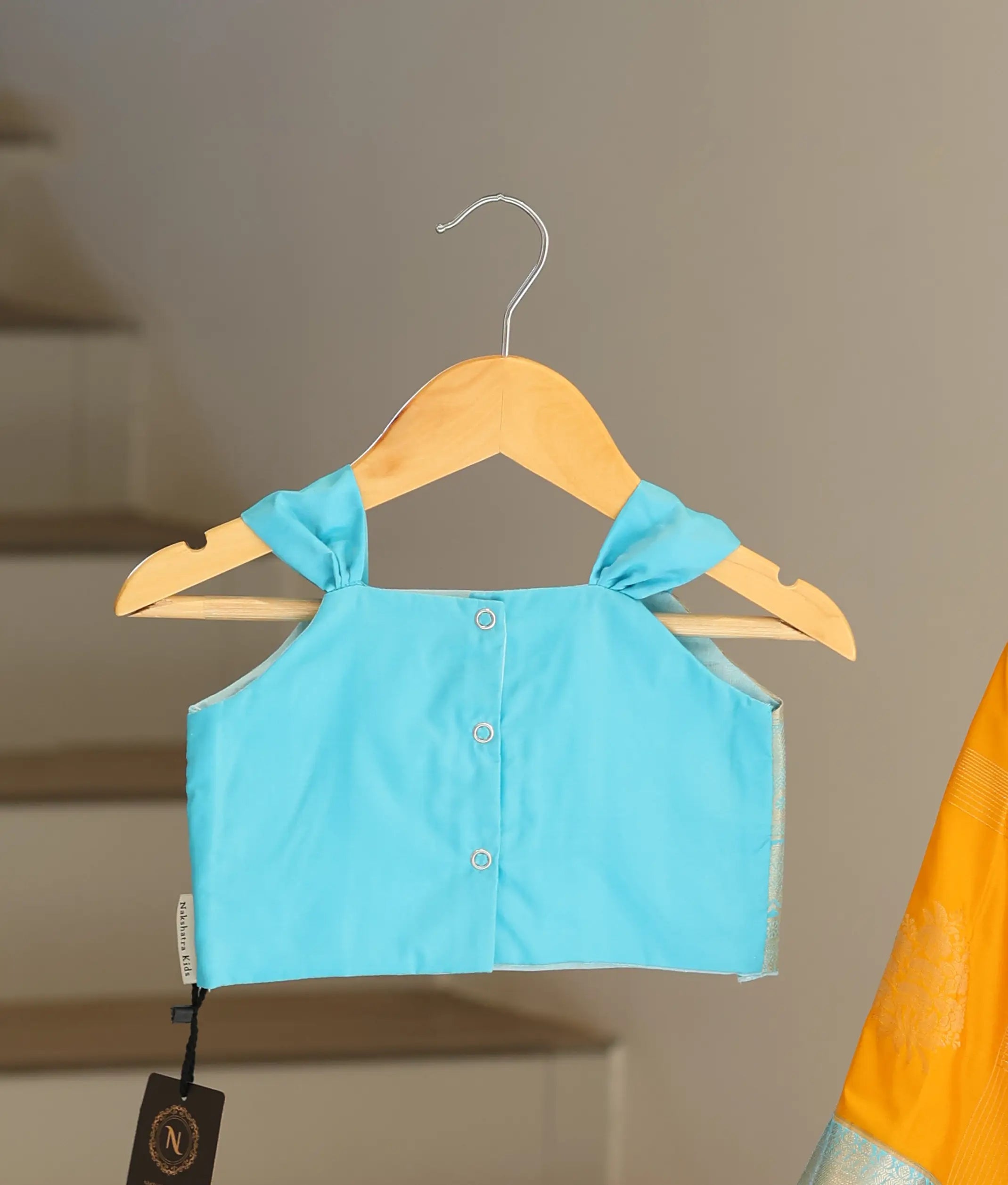 Blue and Yellow Kanchipuram Silk Skirt and Top for Baby Girl [6437]