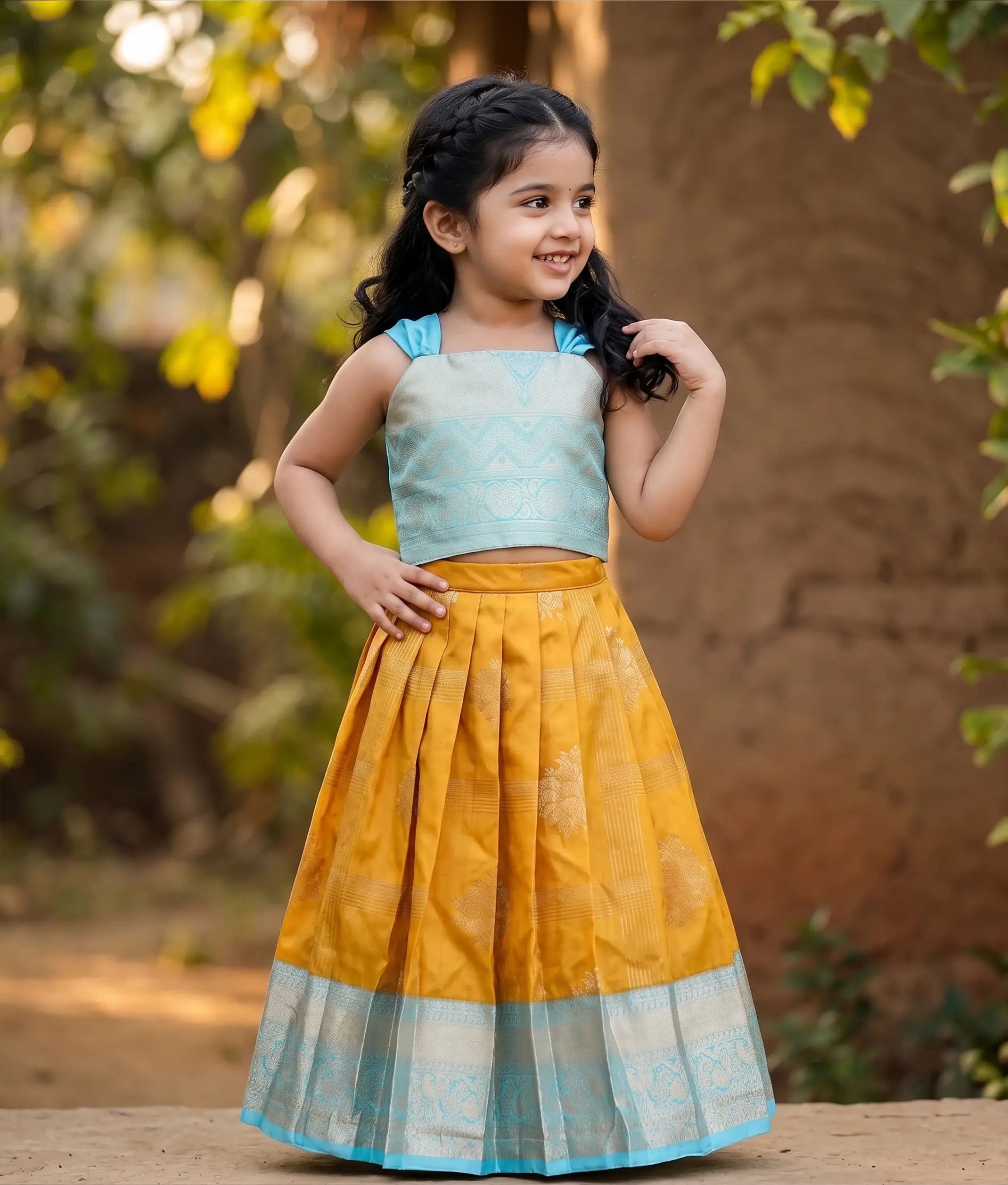 Blue and Yellow Kanchipuram Silk Skirt and Top for Baby Girl [6437]