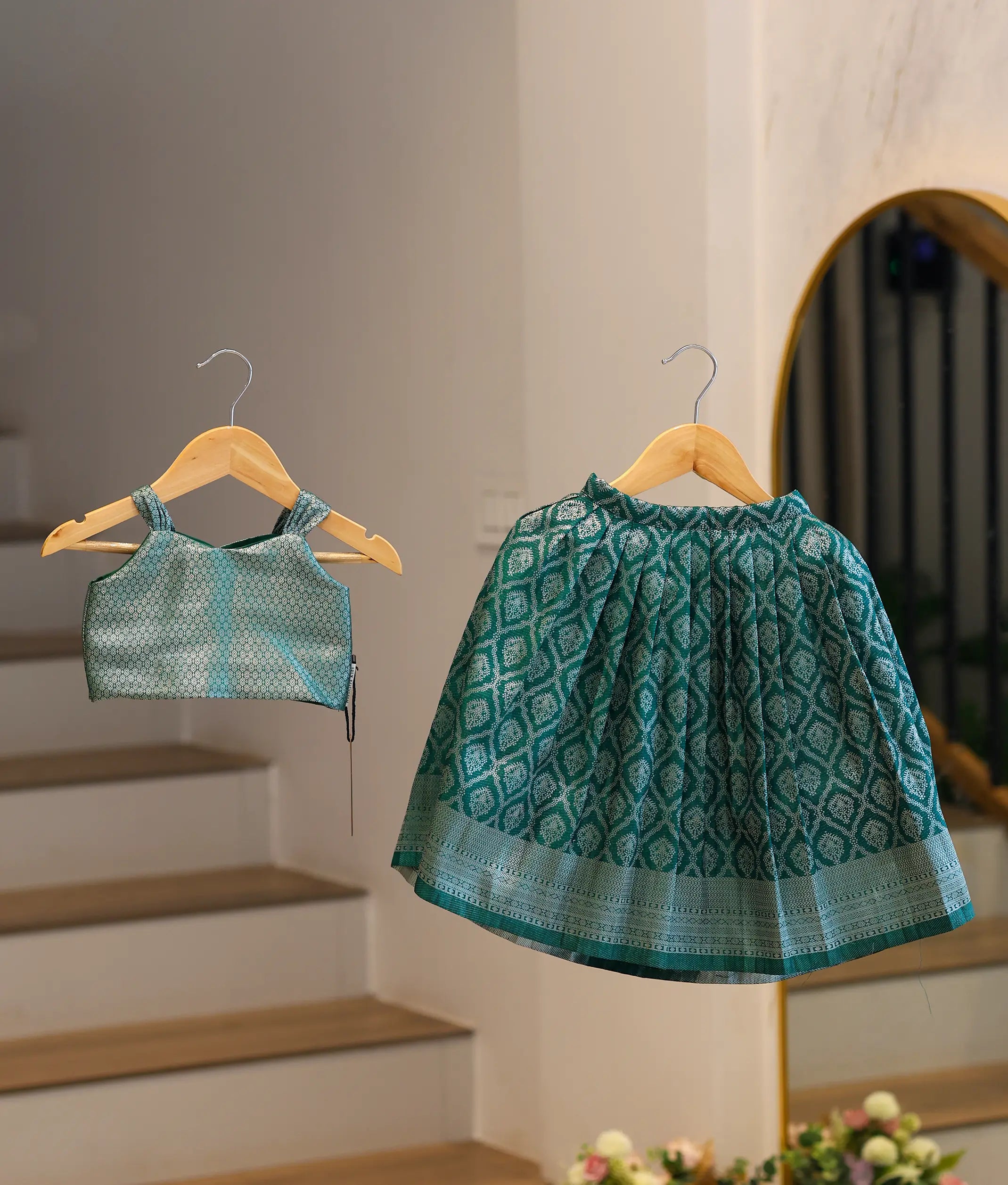 Teal Green Kanchipuram Silk Skirt and Top for Baby Girl [6438]