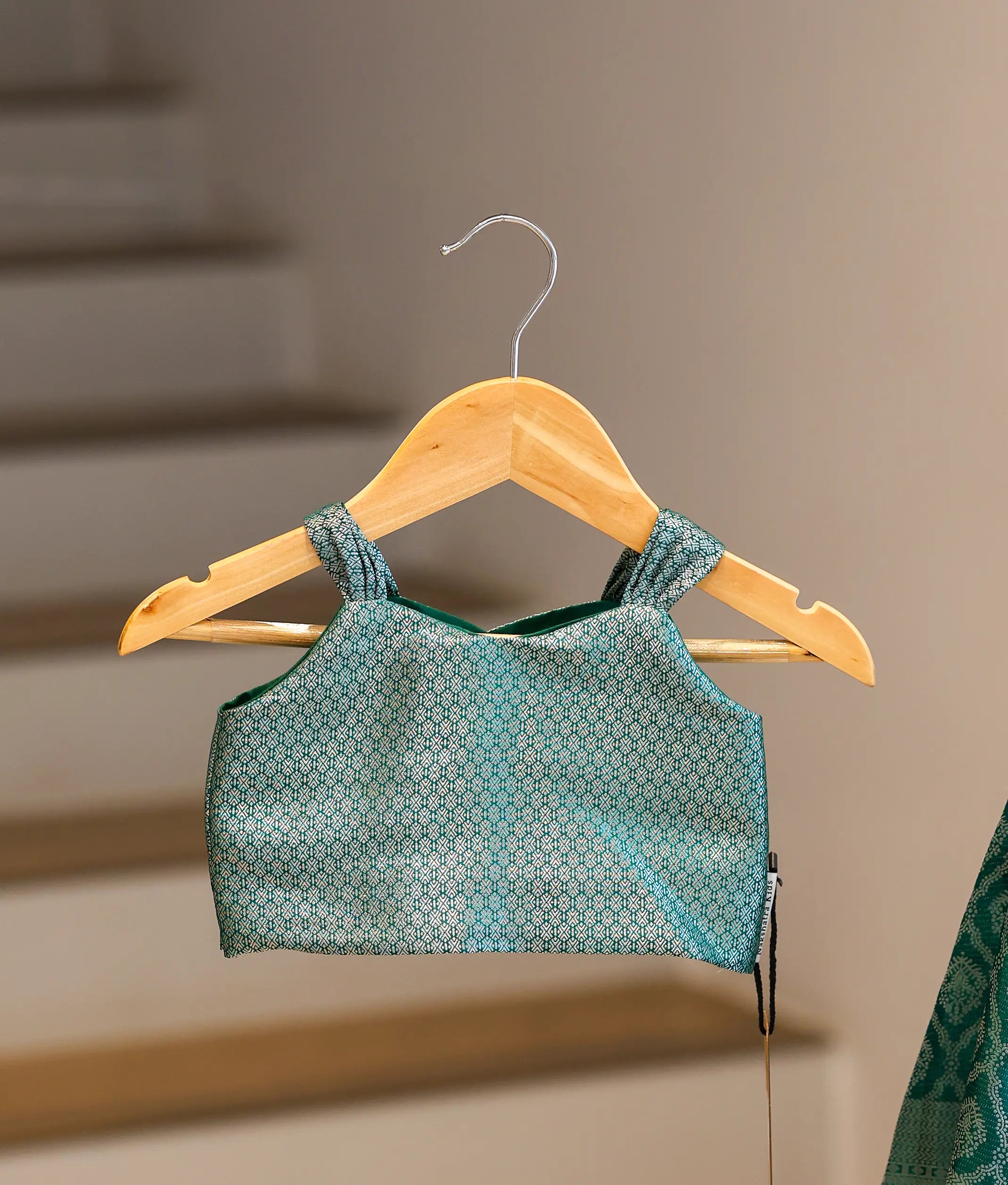 Teal Green Kanchipuram Silk Skirt and Top for Baby Girl [6438]