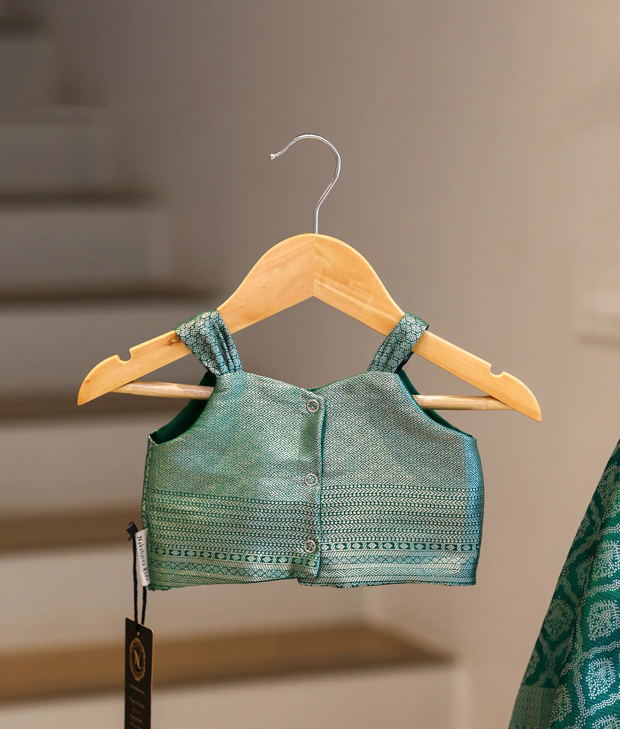 Teal Green Kanchipuram Silk Skirt and Top for Baby Girl [6438]