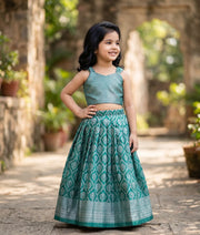 Teal Green Kanchipuram Silk Skirt and Top for Baby Girl [6438]