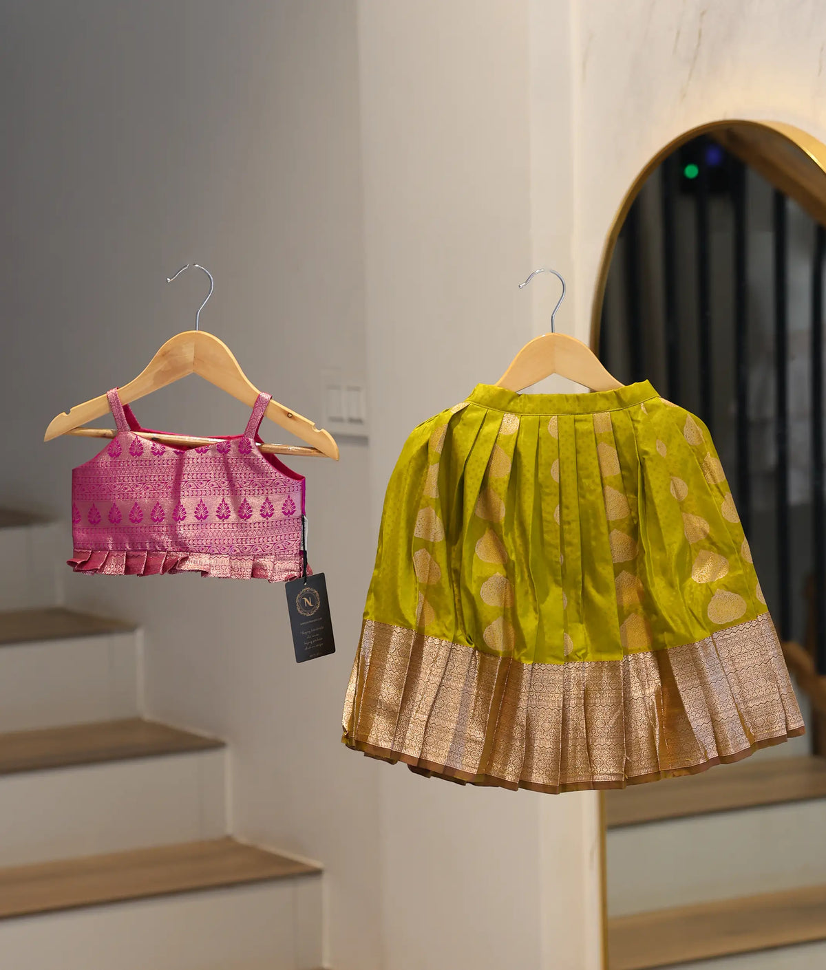 Pink and Olive Green Kanchipuram Silk Skirt and Top for Baby Girl [6439]
