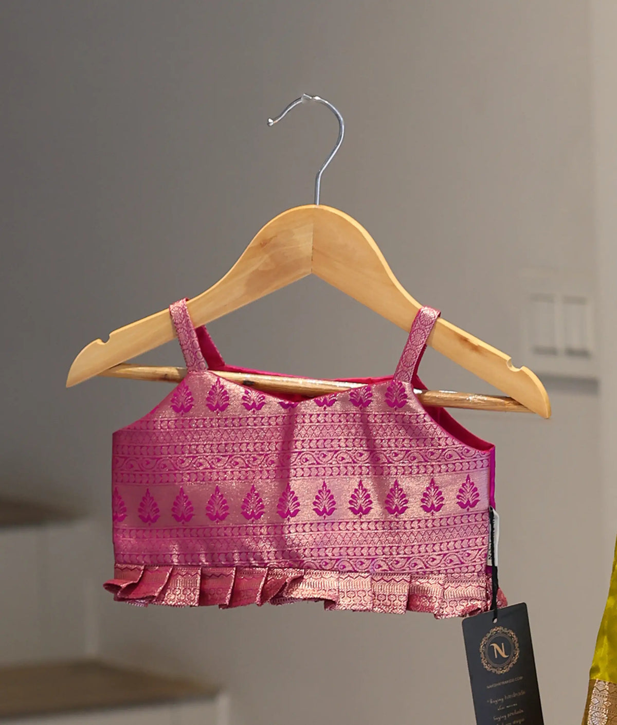 Pink and Olive Green Kanchipuram Silk Skirt and Top for Baby Girl [6439]
