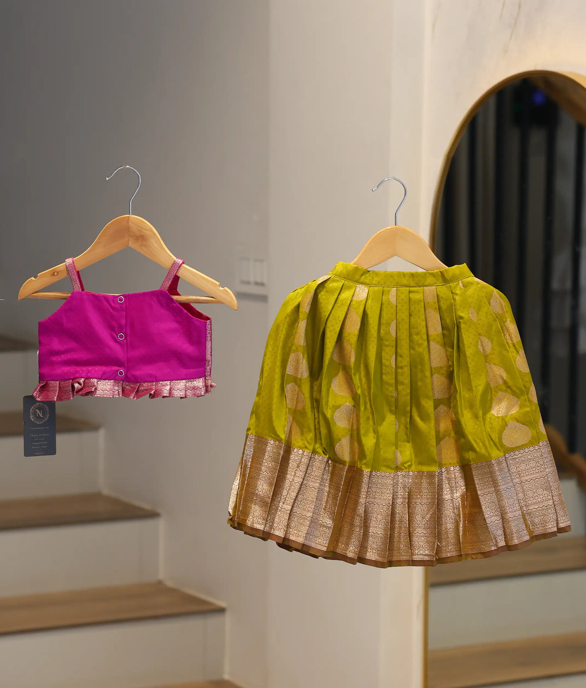 Pink and Olive Green Kanchipuram Silk Skirt and Top for Baby Girl [6439]