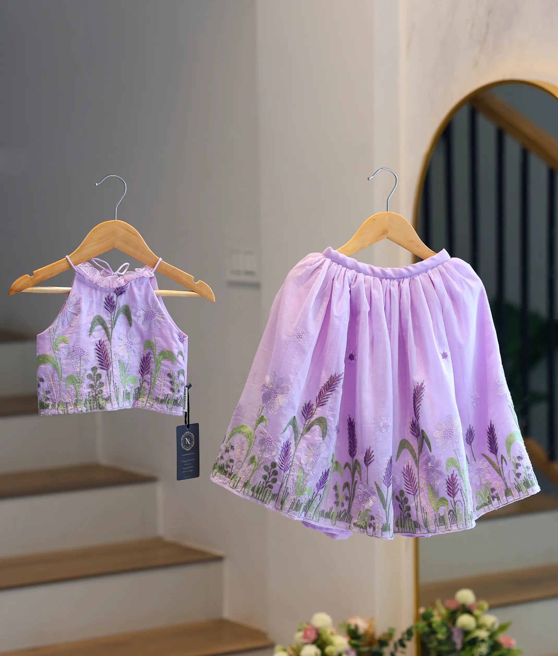 Lavender Chanderi Embroidered Skirt and Top for Baby Girl [6441]