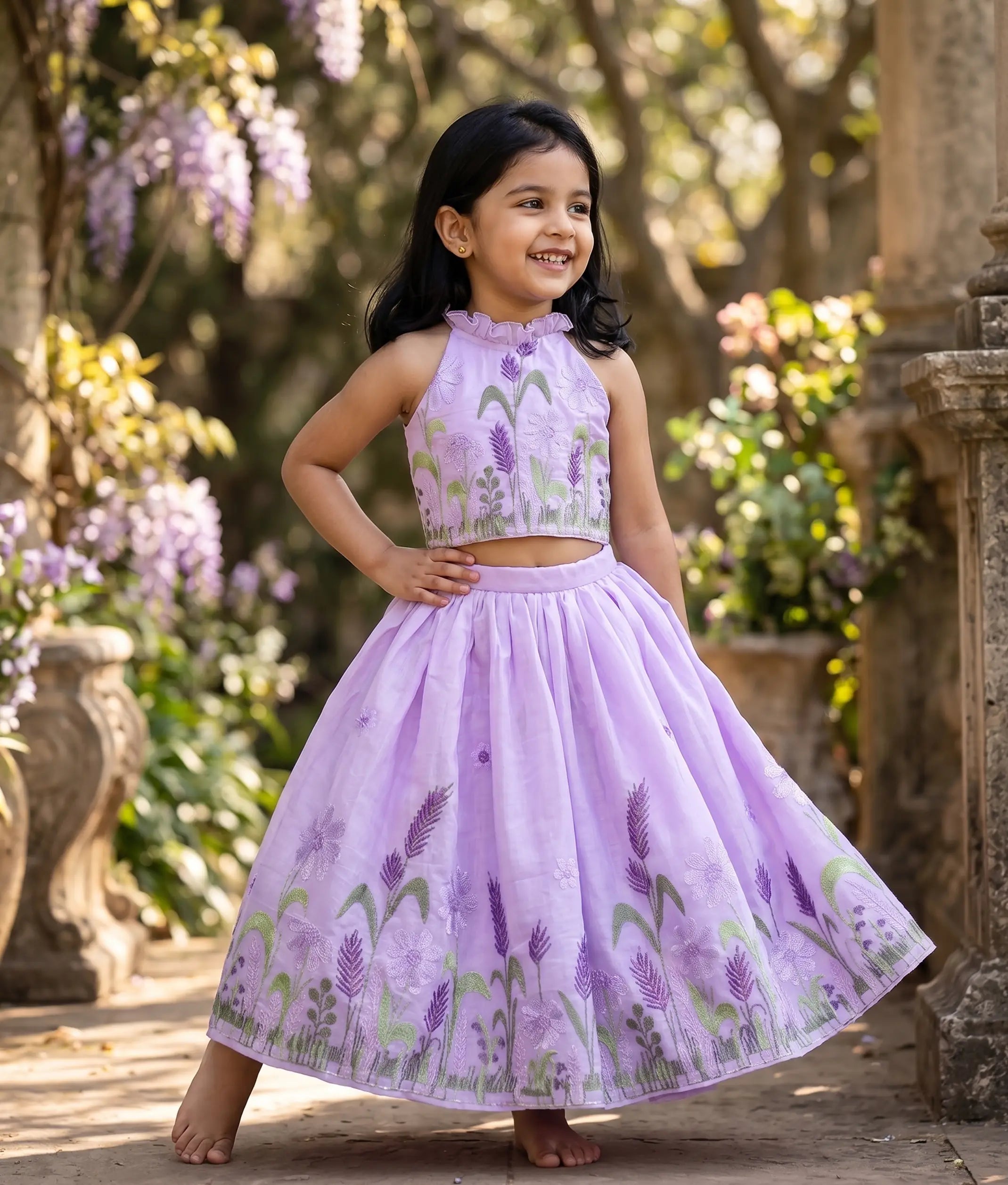 Lavender Chanderi Embroidered Skirt and Top for Baby Girl [6441]