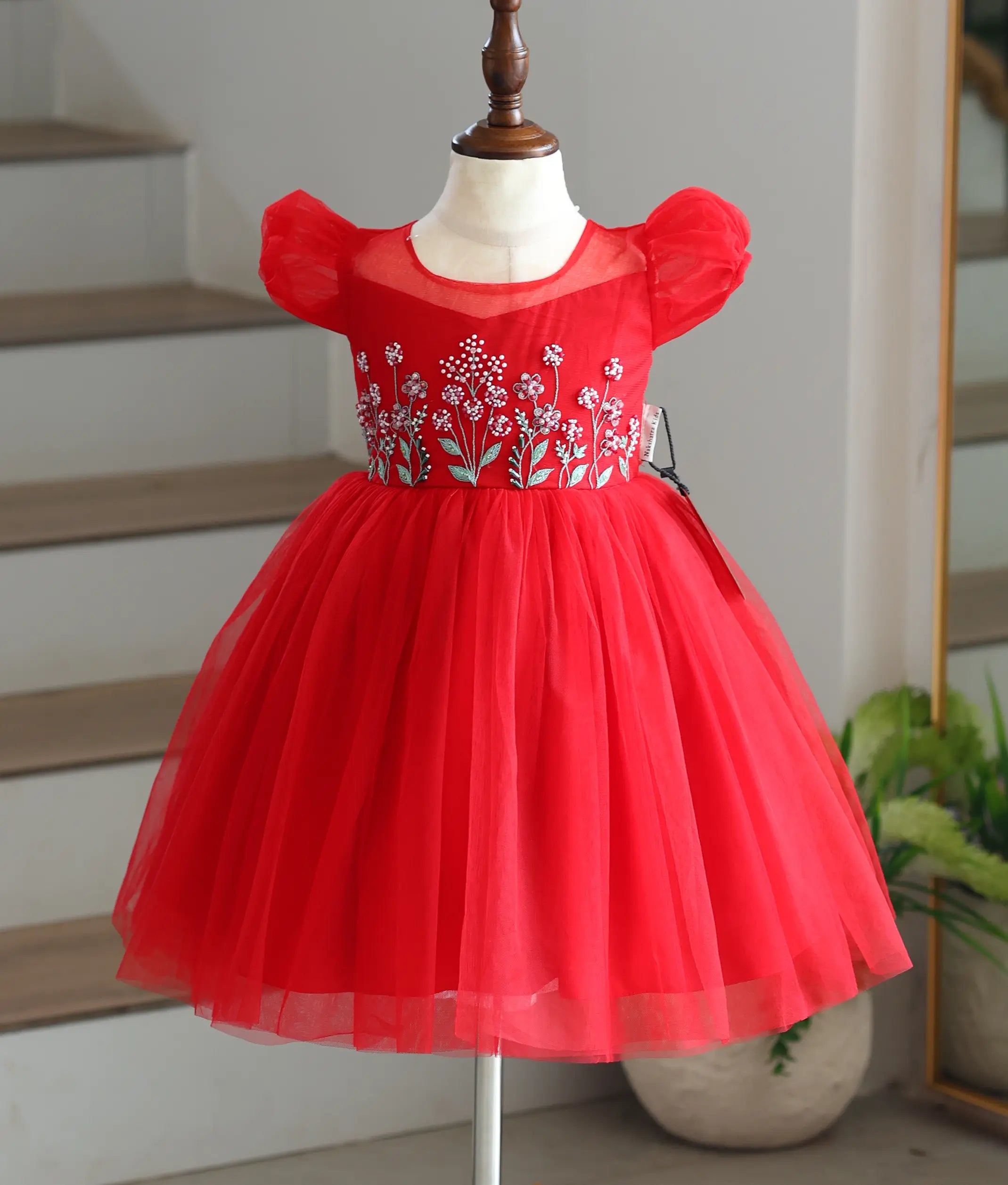 Scarlet Red Tulle Net Handworked Birthday Frock for Baby Girl [6442]