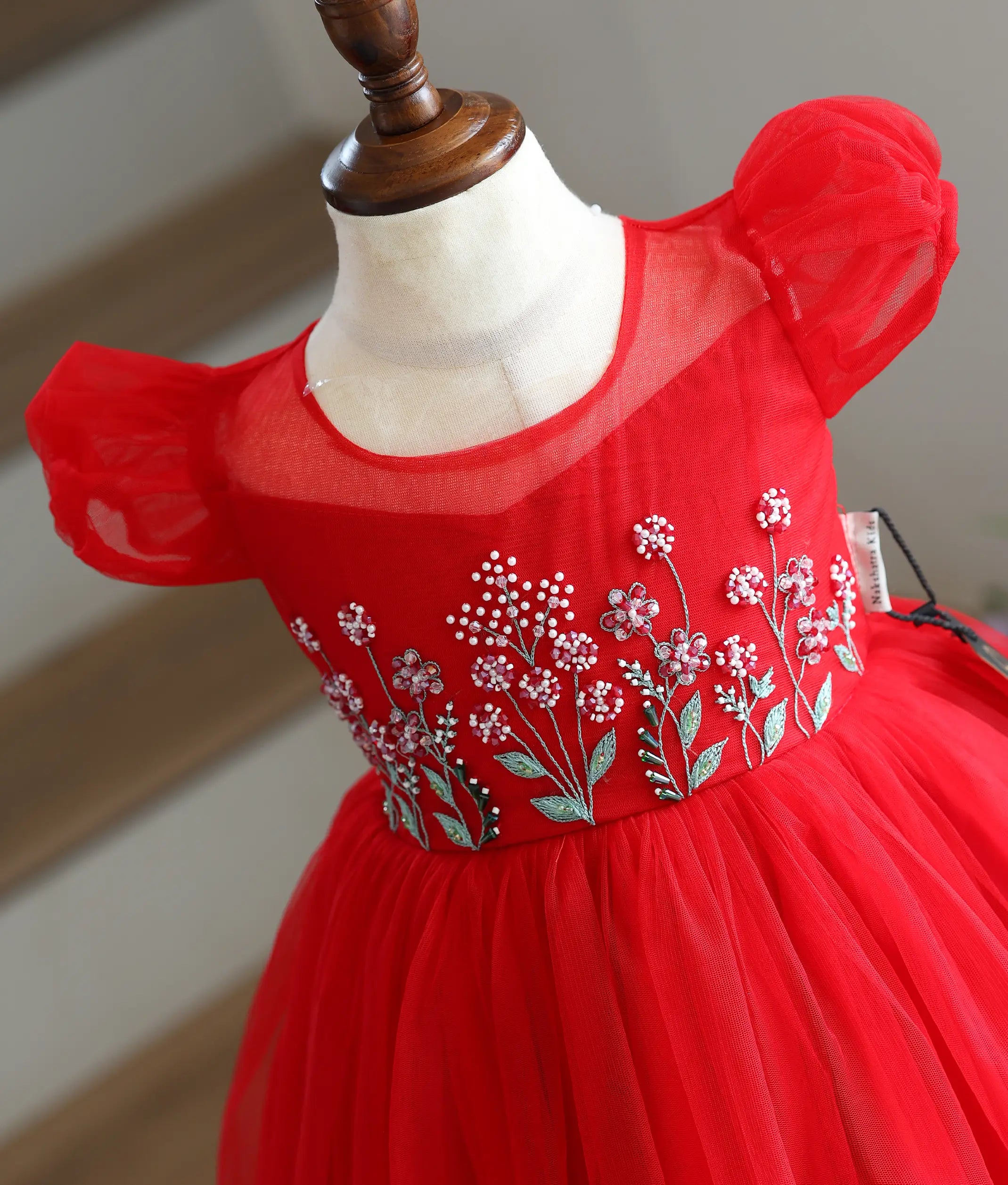 Scarlet Red Tulle Net Handworked Birthday Frock for Baby Girl [6442]